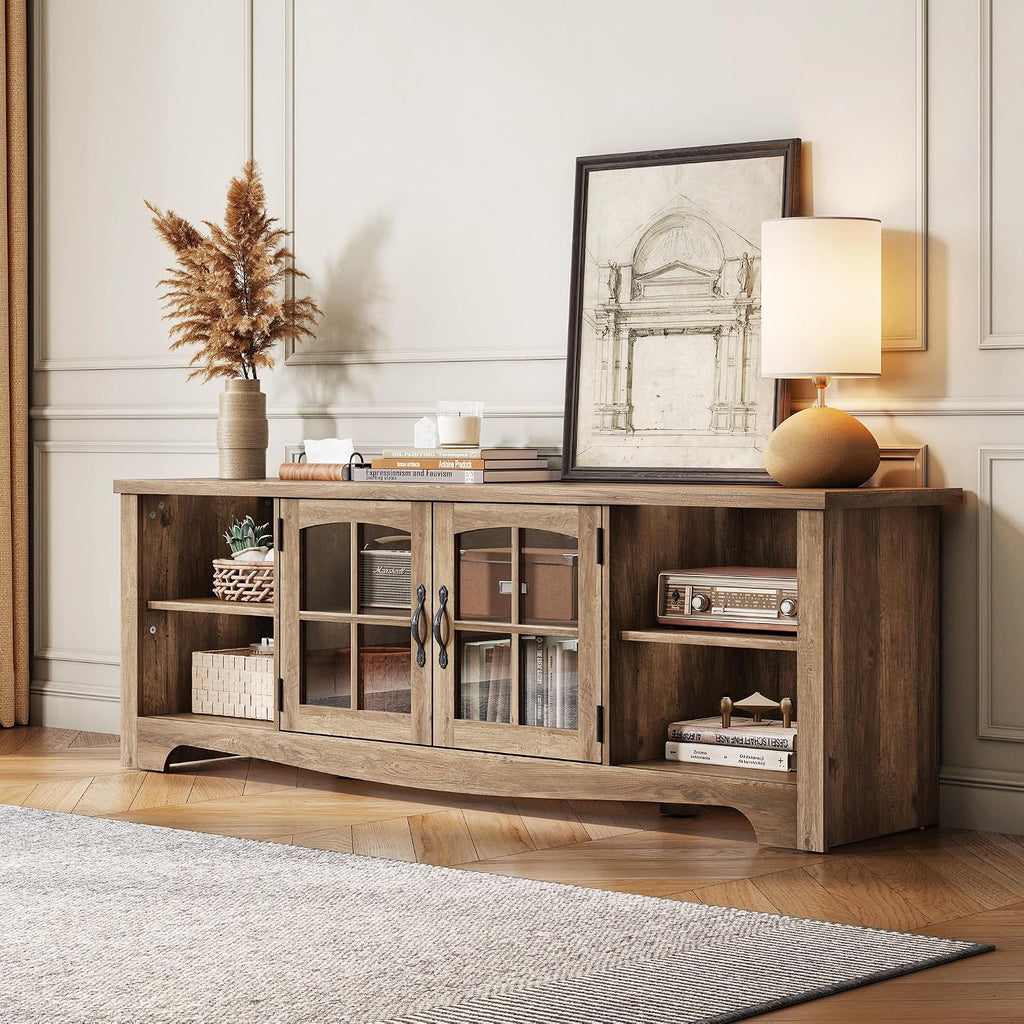 LINSY HOME TV Stand for 75 Inch TV, Modern Farmhouse Entertainment Center with Storage Cabinets and Glass Doors, Tall Media Console Table for Living Room, Bedroom, Large Long Television Stand, Brown