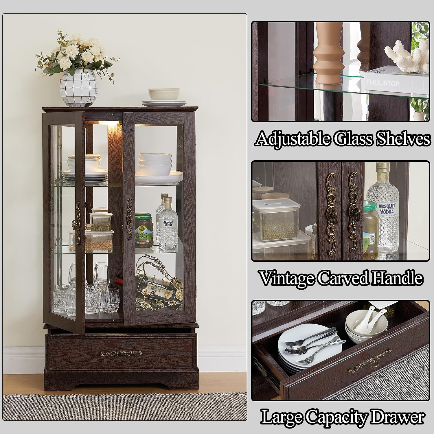 3-Tier Lighted Curio Display Cabinet, 47' H Glass Accent Storage Cabinet with Adjustable Glass Shelves & 1 Drawer, Wooden Wine Display Casewith Mirrored Back Panel for Living Room (Cherry)