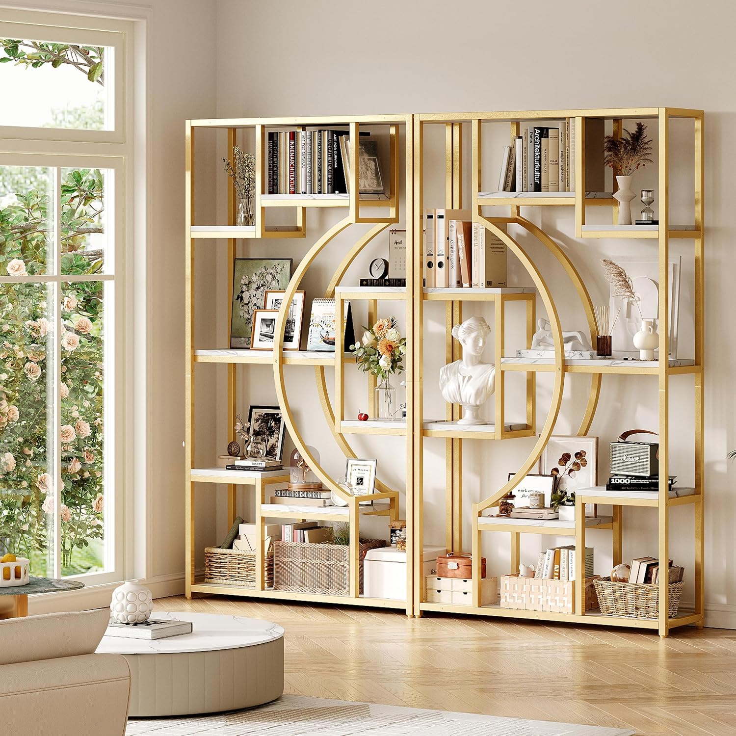 LGHM 79' W Luxury Marble-Patterned White Gold Bookshelf, Modern Geometric Half-Moon Style, Flexible Modular Open Storage Unit for Living Room, Home, Office