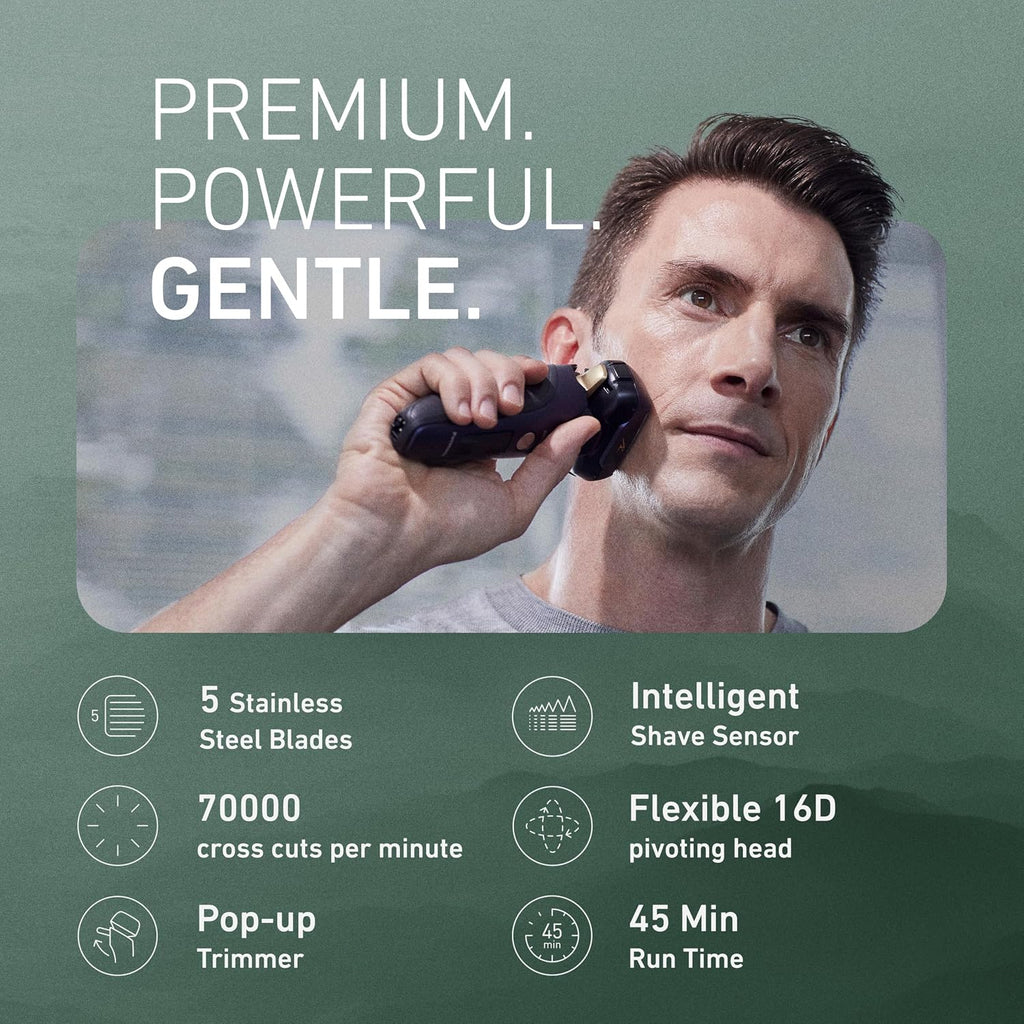 Panasonic ARC5 Electric Razor for Men Face, Wet & Dry Shavers for Men with Foil Shaver, Pop-up Trimmer, Ultra-Fast 5-Blade, Smart Shave Sensor, 16D Flexible Pivoting Head - ES-ALV6HA (Navy)