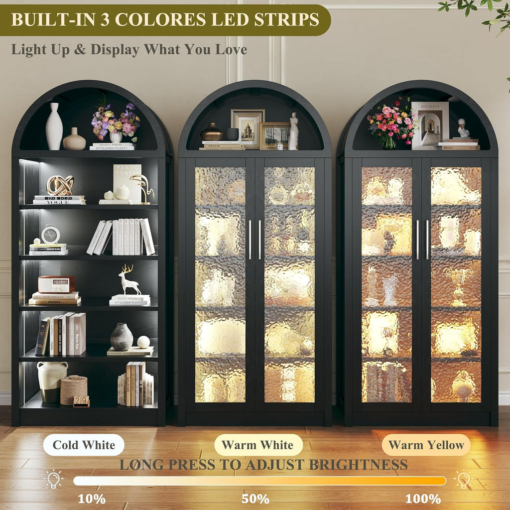 HUAHUU 71' Tall Arched Cabinet with 3 Color Lights, Kitchen Pantry Storage Cabinet with Glass Doors & Adjustable Shelves, Modern 6-Tier Display Cabinets for Living Room, Dining Room, Black