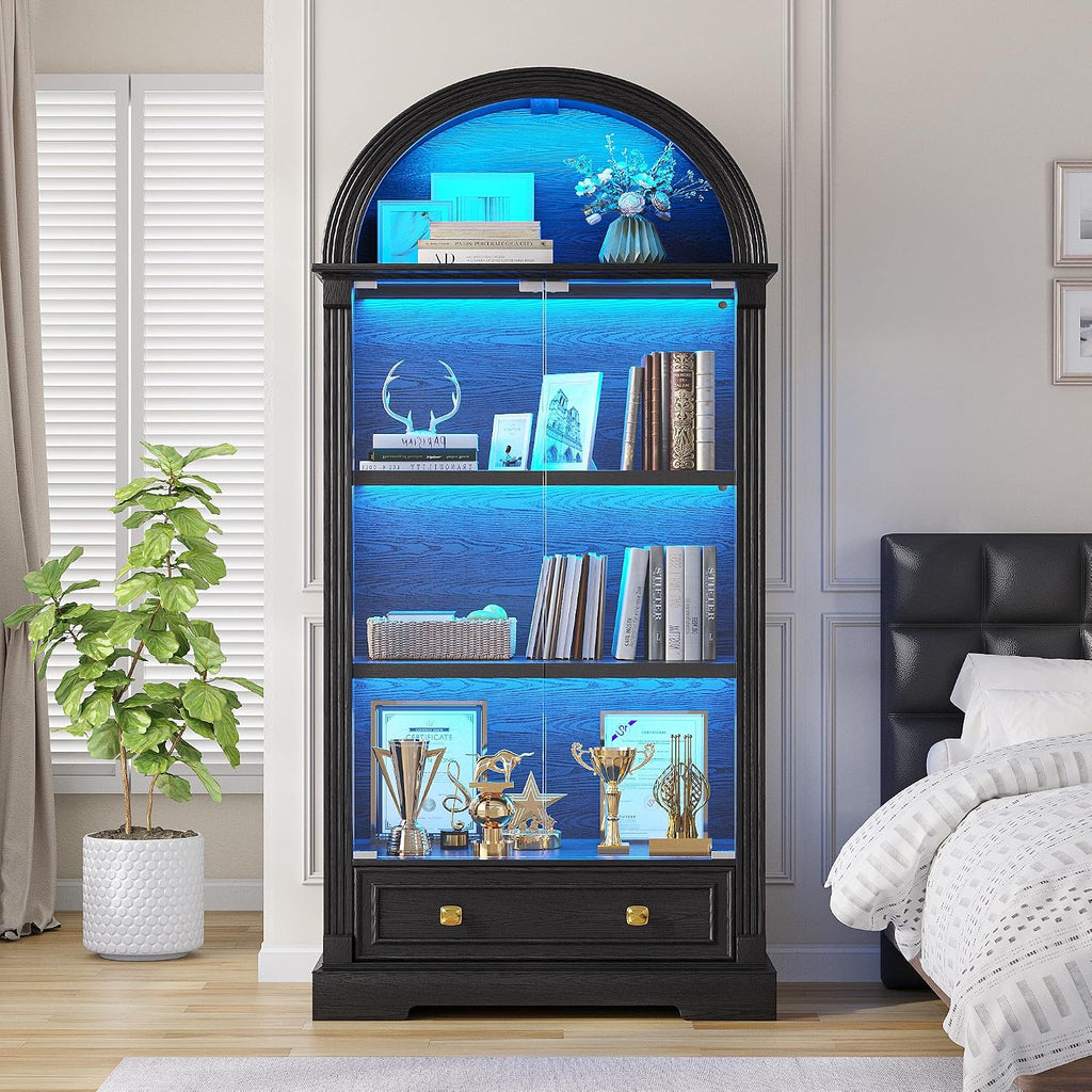 TAGELIER Display Cabinet with Glass Doors, 72' Tall Arched Curio Cabinet with Human Sensor Lights, 4-Tier Glass Display Case for Collectibles Bookcase Living Room Office, Black