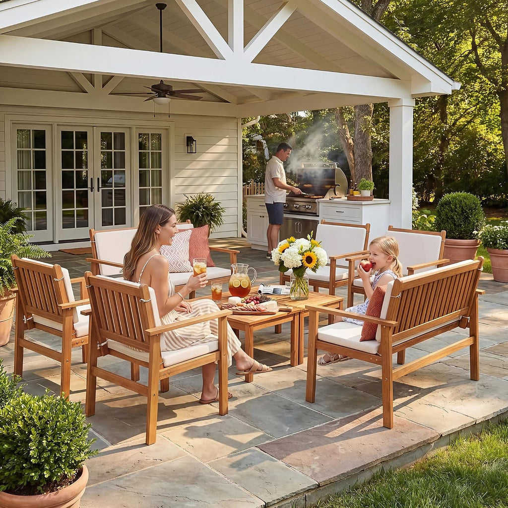 Devoko Patio Furniture Set 8 Pieces Acacia Wood Outdoor Furniture, Patio Set with Table & Cushions for Garden, Deck, Backyard, Natural