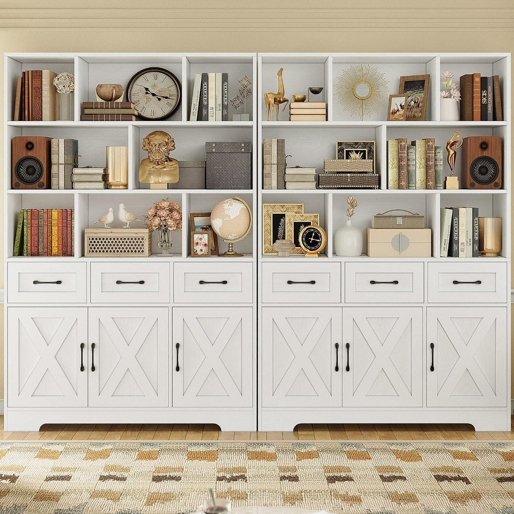 IRONCK Bookshelf with Drawers & Doors, Tall Bookshelf with Storage, Bookcase with Cabinets for Home Office, Living Room, White