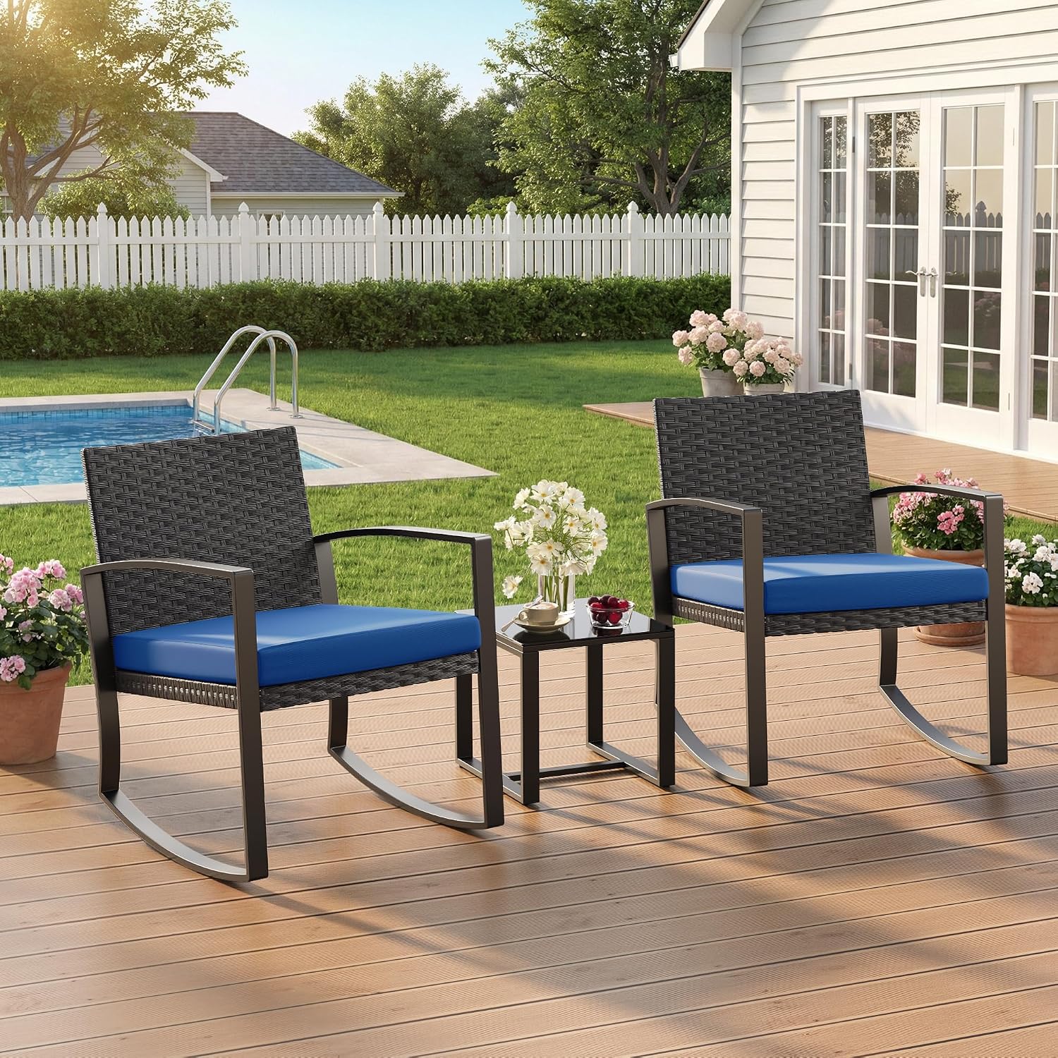 Qsun 3 Piece Patio Bistro Set Patio Furniture Set Outdoor Wicker Rocking Furniture Conversation Set with Tempered Glass Coffee Table for for Front Porch Balcony and Deck (Blue Cushion)