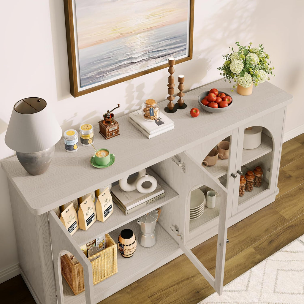 63 Inch Sideboard Buffet Cabinet, Modern Arched Buffet with Glass Doors, Large Curved Cabinets with Storage, Console Credenza w/Adjustable Shelves for Living Room, Kitchen, Entryway, White Oak