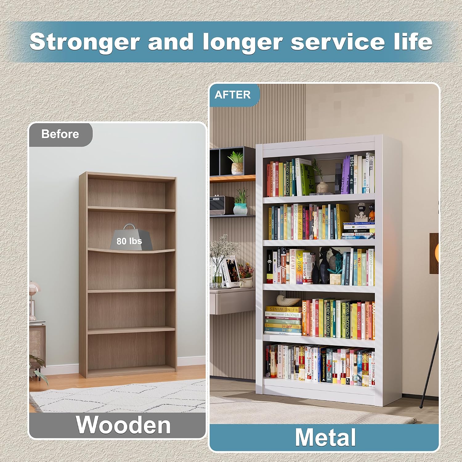 5 Tier White Bookshelf, 61' H Adjustable Bookshelf with Large Capacity, Suitable for Modern Storage Shelves in Living Rooms, Homes Offices, Garage, Sturdy Metal Bookshelf for Organizing