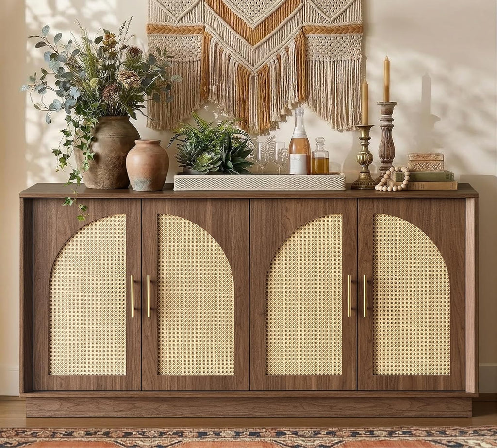 FORTUNETEC 63' Sideboard Buffet Cabinet with Storage, Modern Accent Cabinet with Rattan Arched Doors, Modular Media Console, Boho Credenza for Living Room Kitchen Dining Room Entryway, Walnut
