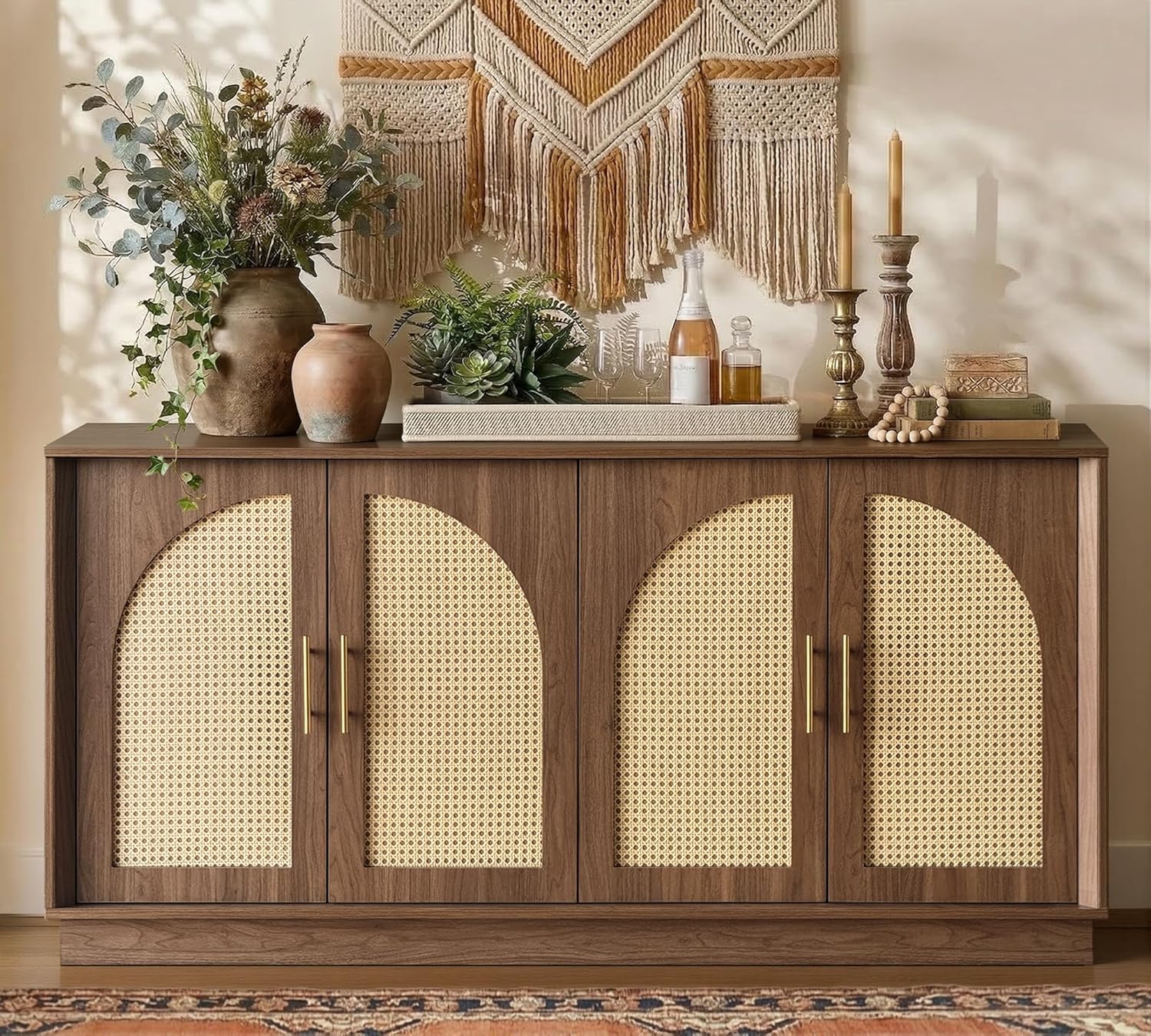 FORTUNETEC 63' Sideboard Buffet Cabinet with Storage, Modern Accent Cabinet with Rattan Arched Doors, Modular Media Console, Boho Credenza for Living Room Kitchen Dining Room Entryway, Walnut