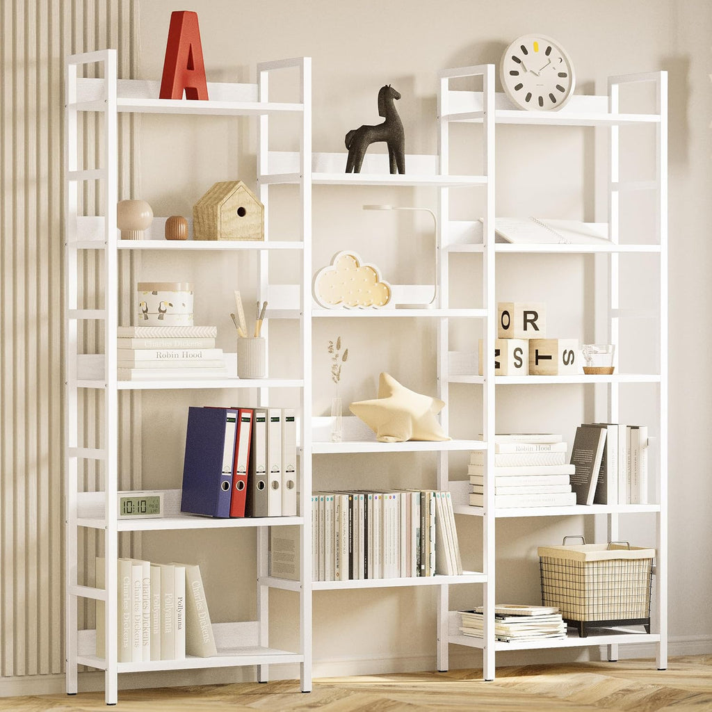 IRONCK Bookcases and Bookshelves Triple Wide 5 Tiers Industrial Bookshelf with Baffles Large Etagere Bookshelf with Metal Frame for Living Room Home Office