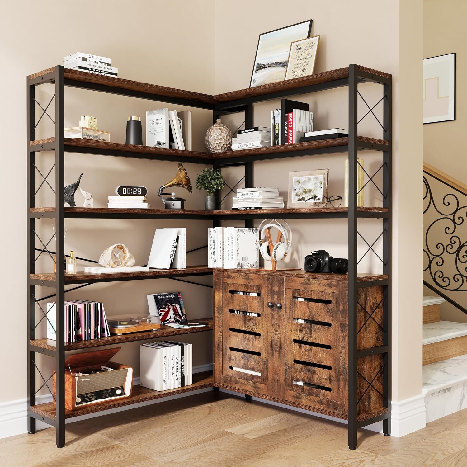 Wildhome 6-Shelf Corner Bookshelf, Vintage Industrial Corner Shelf Etagere Bookcase, Large Book Shelf with Metal Frame Open Storage Corner Cabinet (Brown-Lockers, Large)