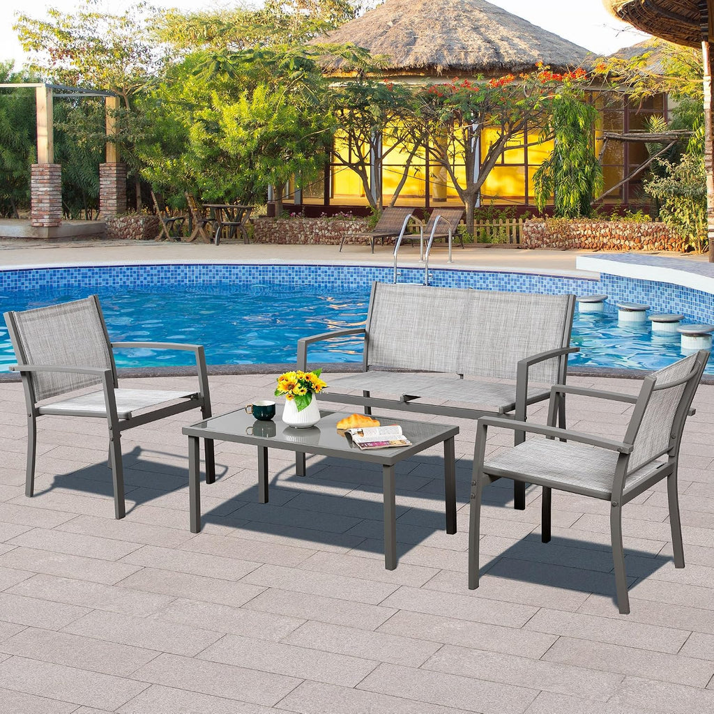 Vongrasig 4 Pieces Patio Furniture Sets,Outdoor Patio Conversation Sets with Glass Coffee Table, Small Porch Balcony Furniture, Patio Table and Chairs Set for Garden, Backyard (Silver)