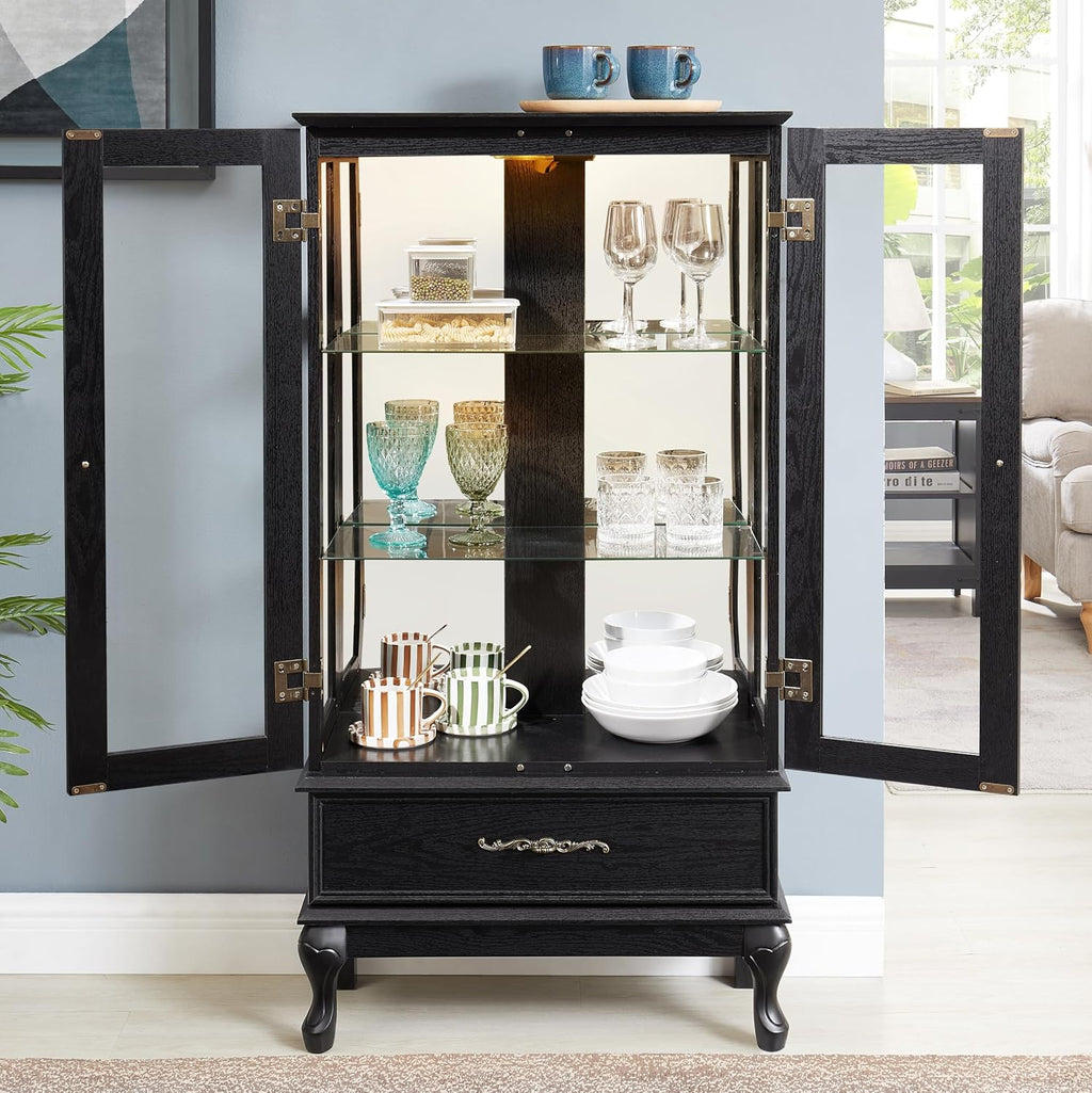 51' H Lighted Glass Curio Display Cabinet with 2 Doors & 1 Drawer, Wooden Glass Curio Showcase w/Adjustable Shelves & Mirrored Back Panel, Storage Cabinet Display Case for Living Room (Black)