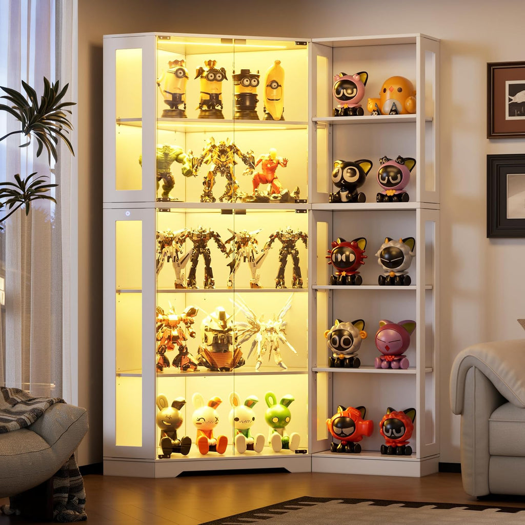 PAKASEPT Corner Display Curio Cabinet with Glass Doors, Glass Display Case with LED Lights for Collectibles,Display Storage Shelves for Living Room,White