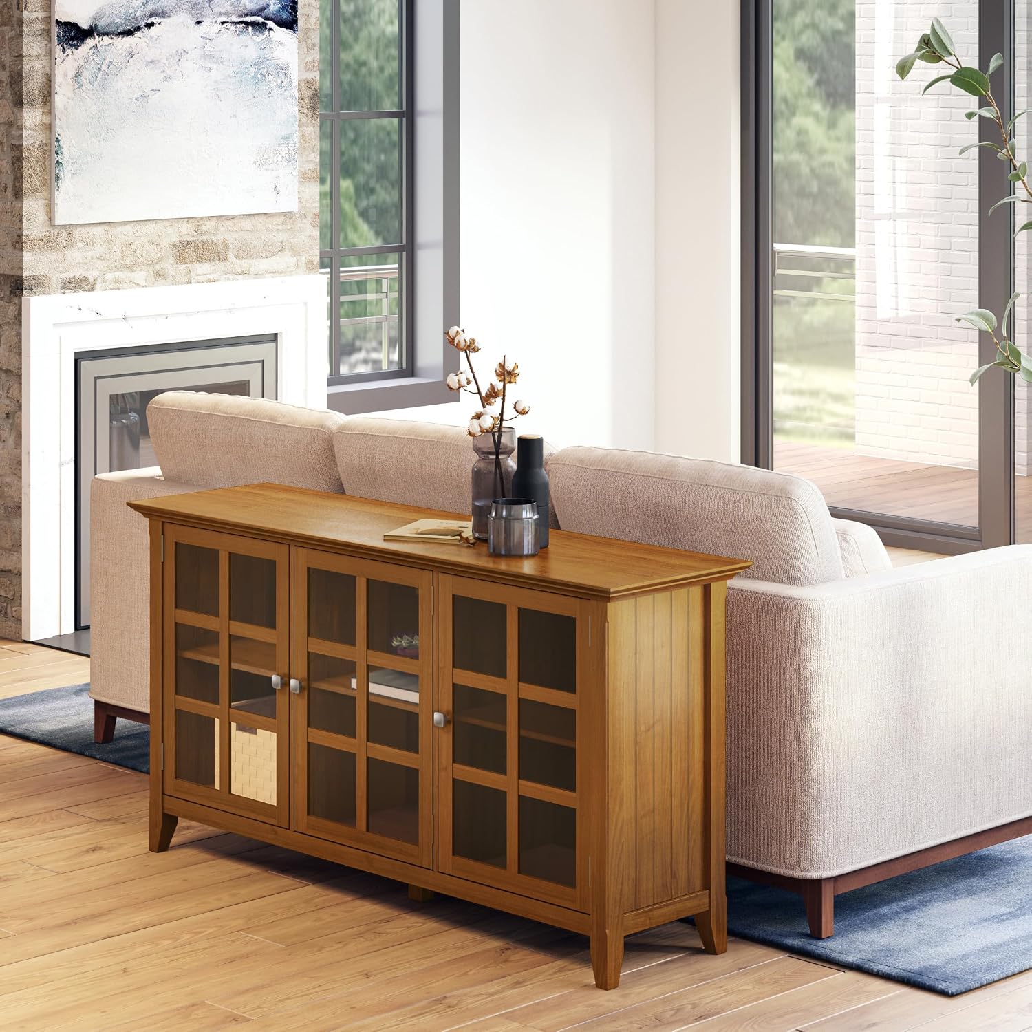 SIMPLIHOME Acadian Storage Cabinet - 62 inch Wide Solid Wood 3-Shelf Sideboard in Light Golden Brown, Transitional Buffet for Living Room, Entryway, or Dining Room with Adjustable Shelves
