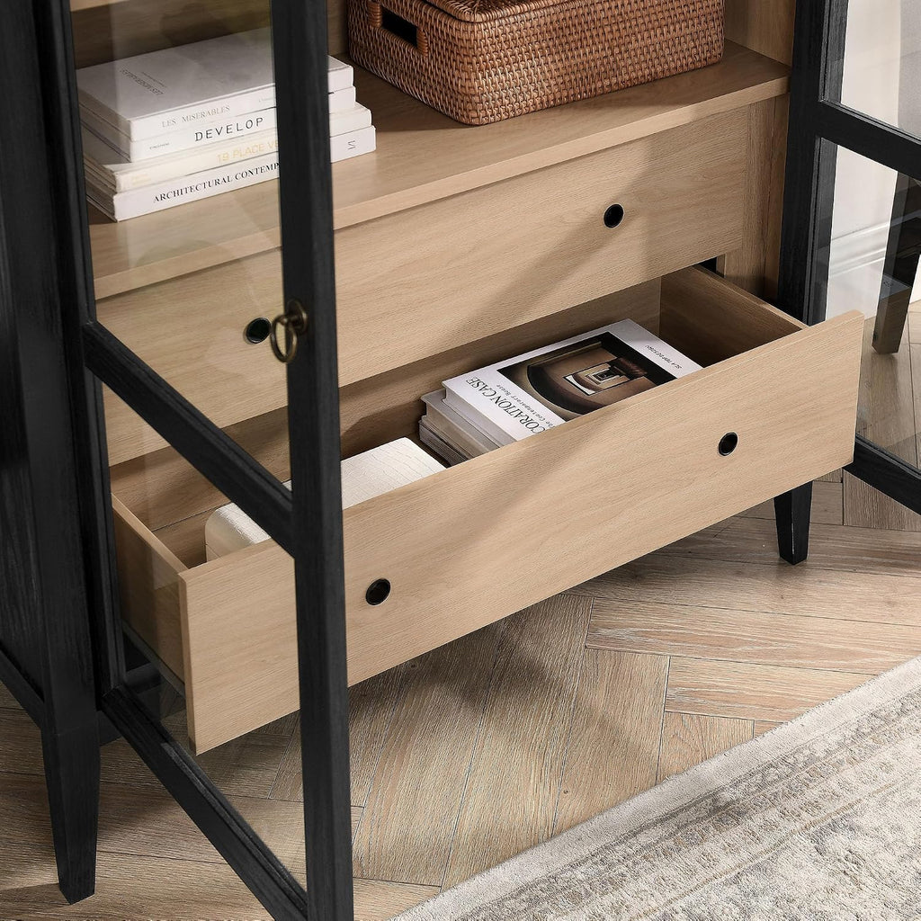 Modway Nolan Tall Arched Storage Display Cabinet in Black Oak - 74 Inch Arch Bookshelf with Glass Doors, Shelves and Drawers - Modern Accent Cabinet for Living Room, Dining Room