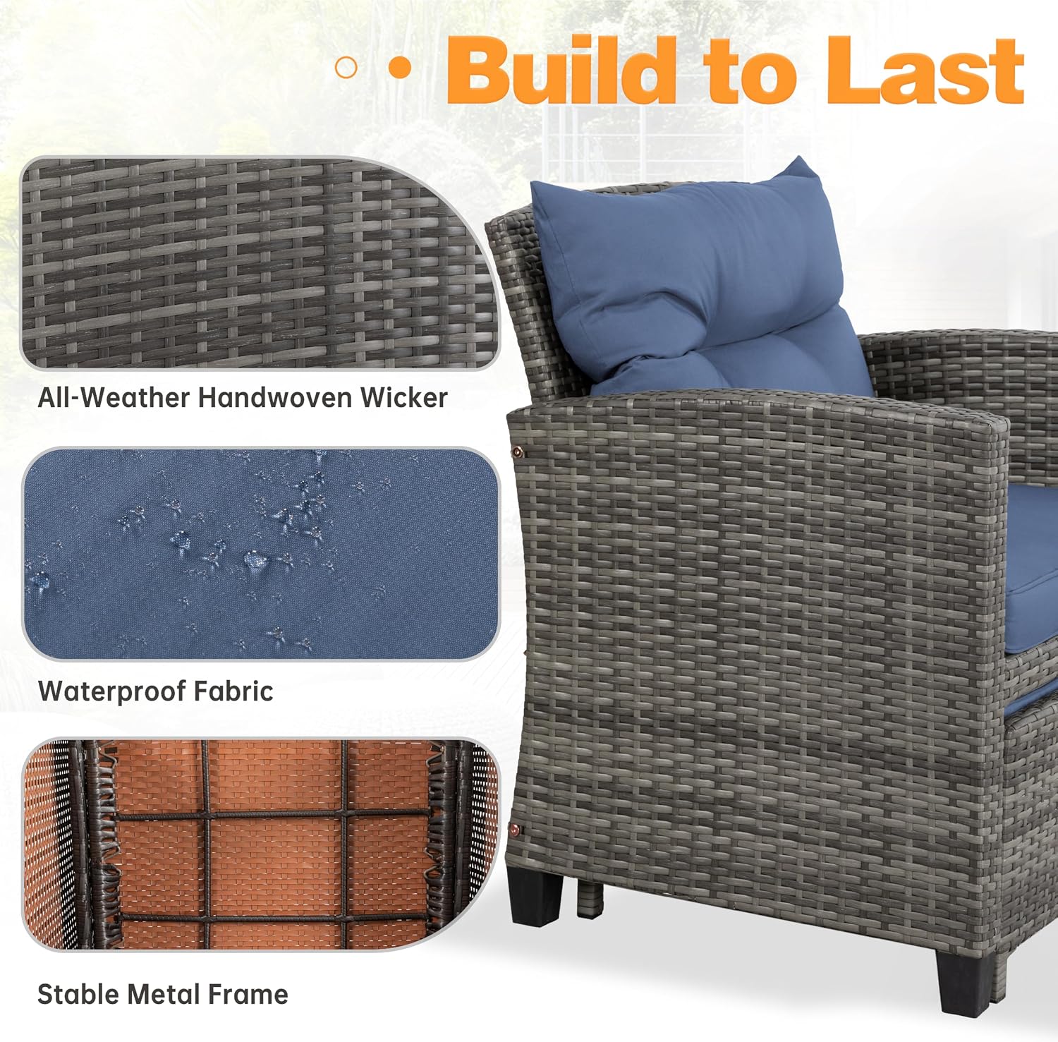 Shintenchi 5 Pieces Patio Furniture Set, Outdoor Wicker Patio Conversation Set with Ottoman, All Weather Rattan Outside Chairs with Coffee Table & Cushion for Porch, Garden, Backyard, Navy