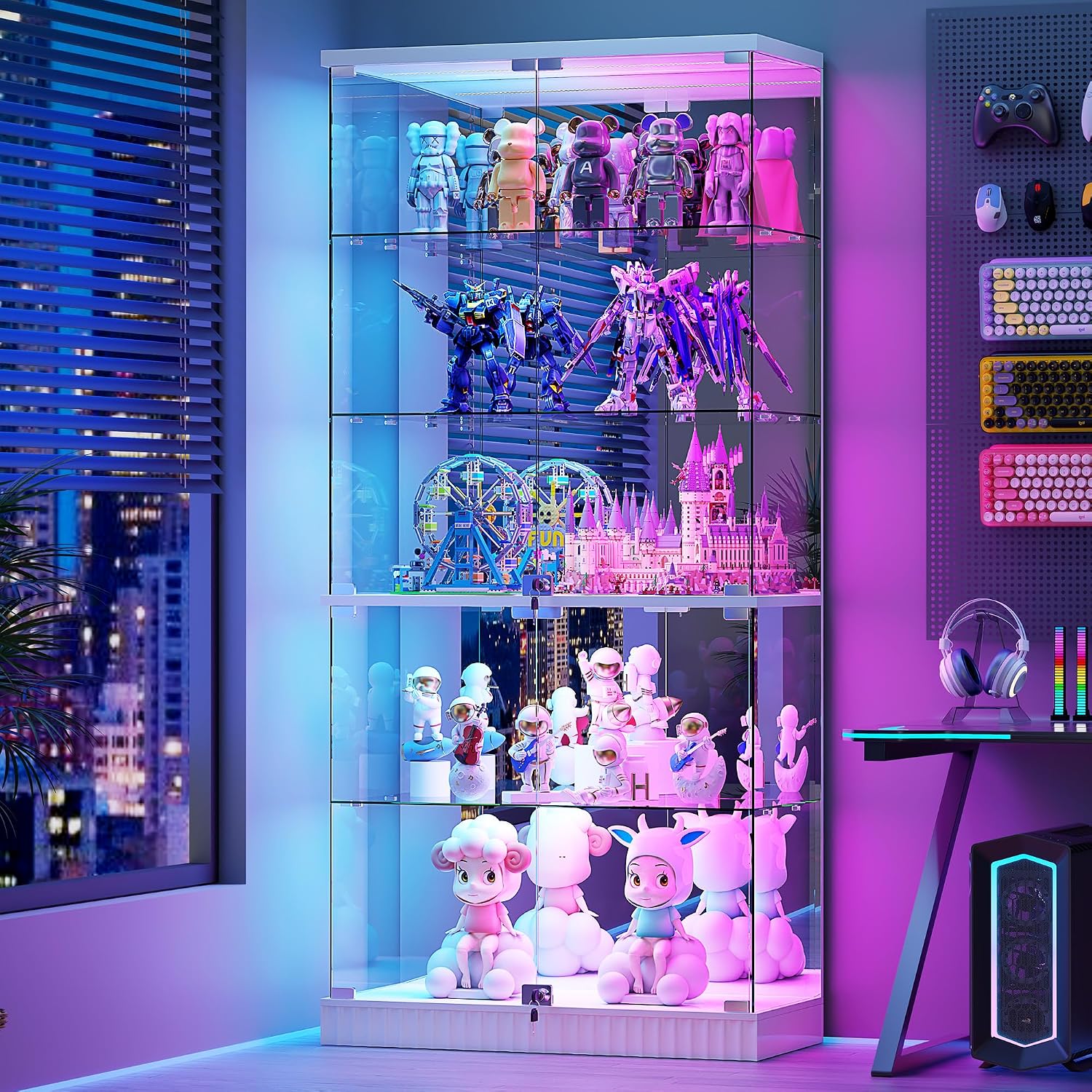 RGB Glass Display Cabinet with Lights, Modern Curio Cabinet Display Cases for Collectibles, Locking Showcase Cabinet with 5-Tier Shelves, Tall Bookcase w/ Human Body Sensor for Living Room (White)