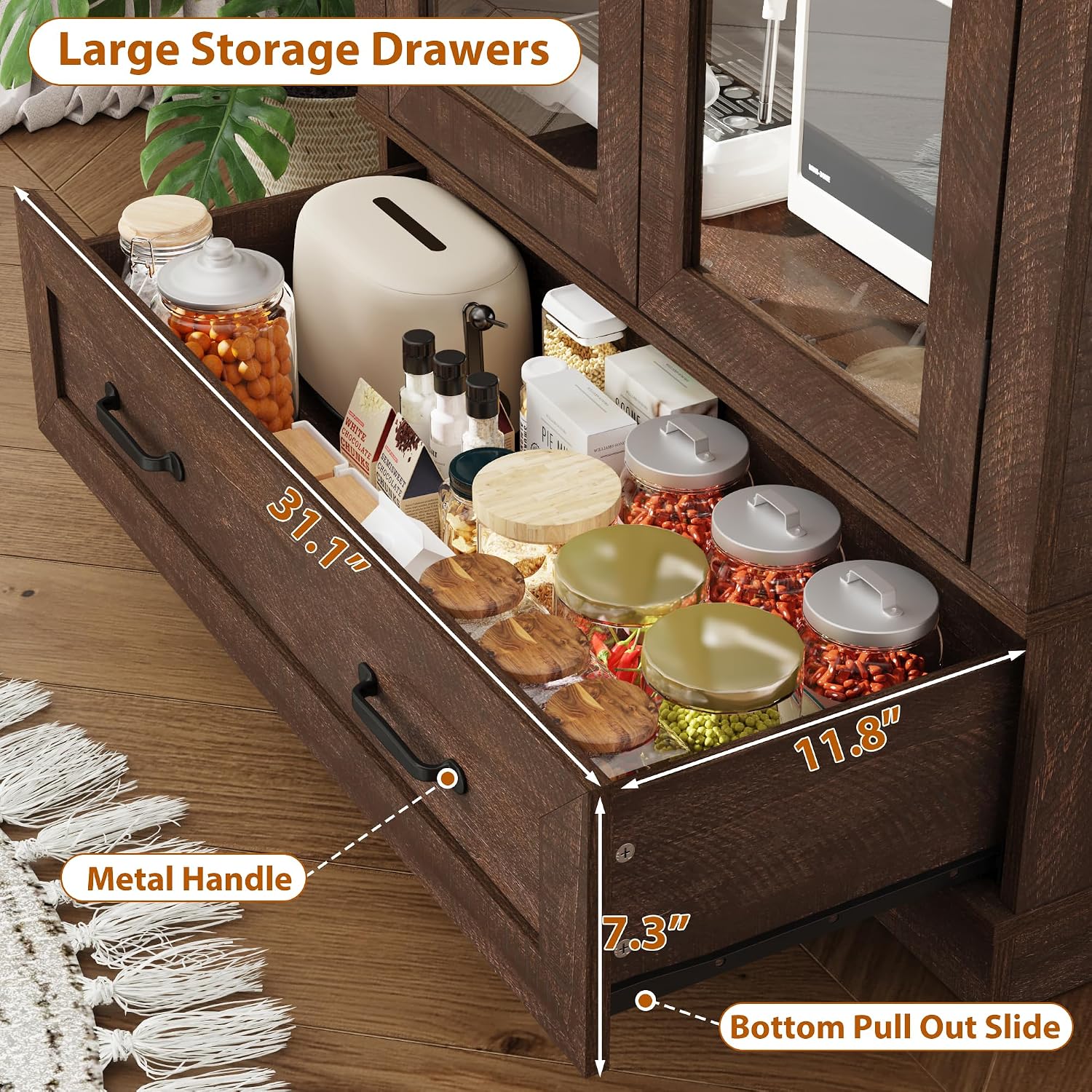 75' Tall Arched Kitchen Pantry Cabinet w Load-Bearing Steel Pipe,Modern Farmhouse Kitchens Storage Cabinet with Drawer and Glass Doors,Tall Arched Bookcase,Pantry Organizer(Rustic Brown)