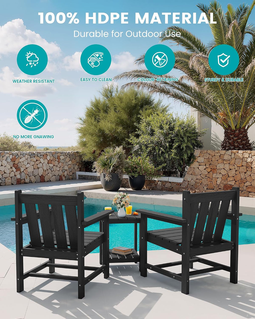 SEWRWALL 3 Pieces Patio Bistro Set, All Weather Adirondack Chair Set with Side Table, HDPE Material Outdoor Patio Furniture Set for Balcony, Porch, Garden, Backyard- Black