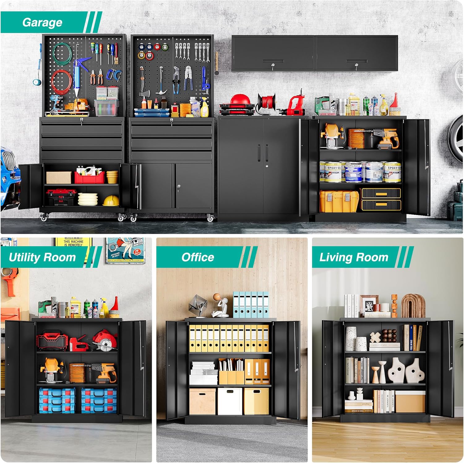 SISESOL 36 inch Metal Storage Cabinet with Doors and Shelves,Small Garage Storage Cabinet with Lock,Black Metal Cabinets with Locking Doors for Home,Office,Short Garage Cabinets