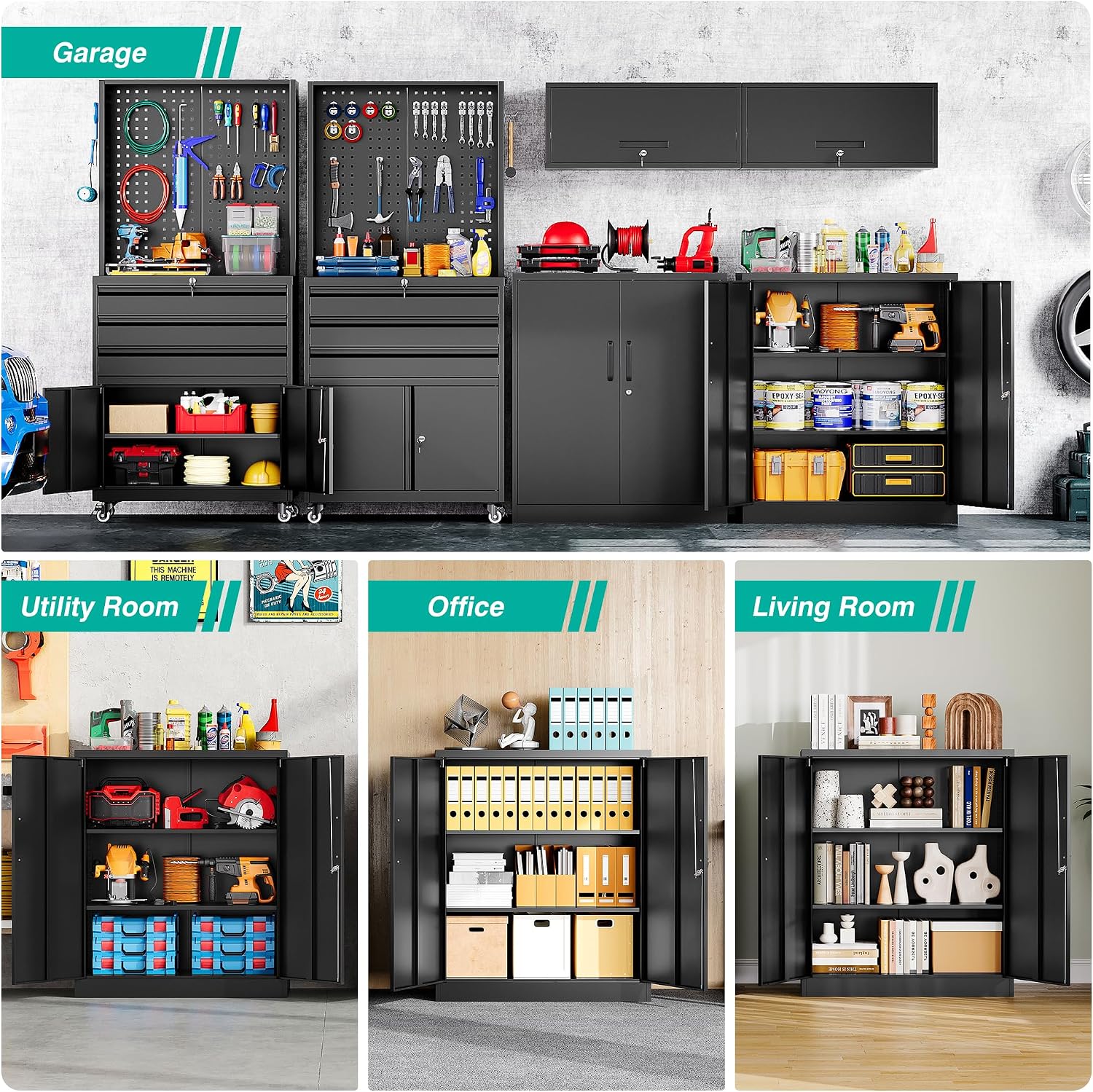 SISESOL Metal Storage Cabinet Locked Steel Cabinet with 2 Adjustable Shelves,Office Cabinet Locking Tool Cabinets,Kitchen Storage Cabinets Metal Locker Small Counter Height Storage Cupboard 36' H