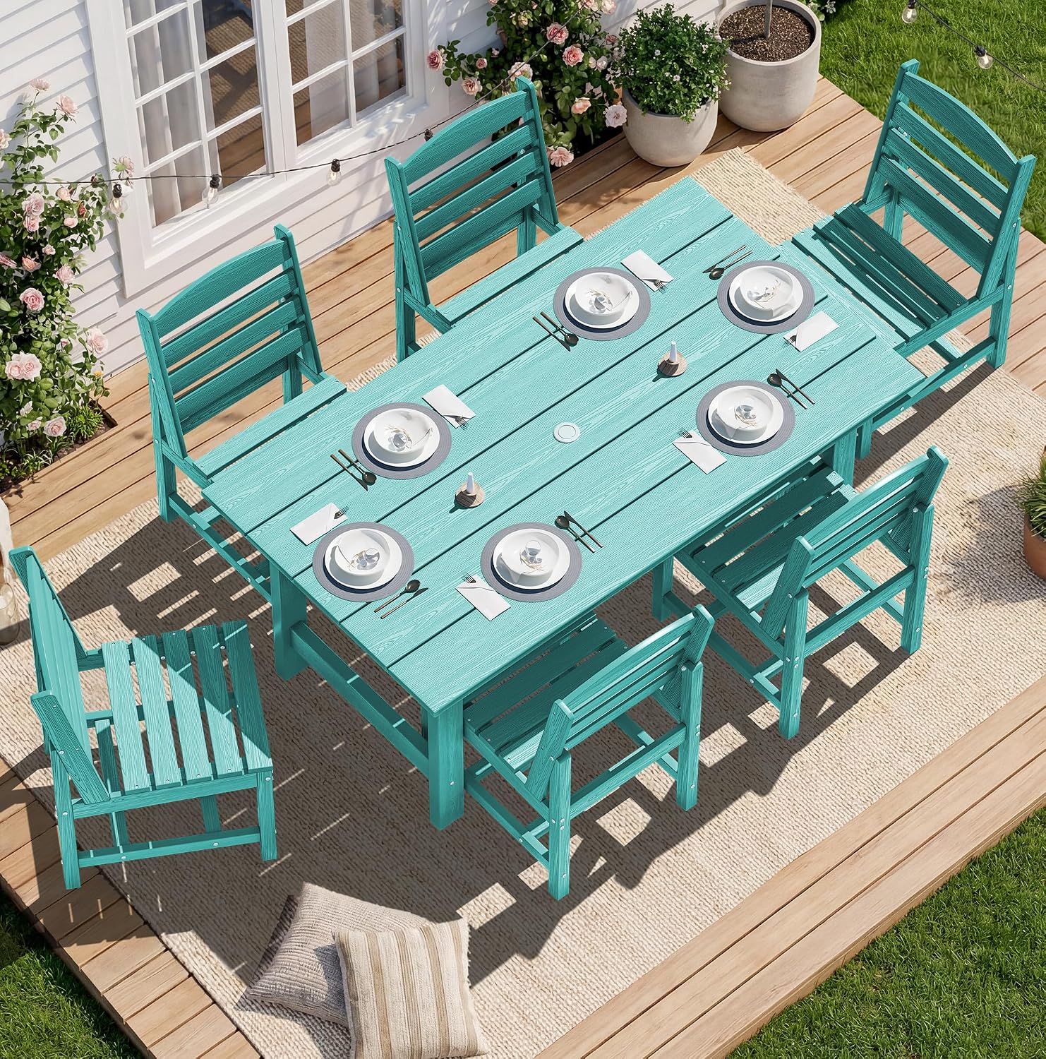 SERWALL Patio Dining Sets for 6 Person, HDPE Dining Set with 6 Armless Chairs, Aruba