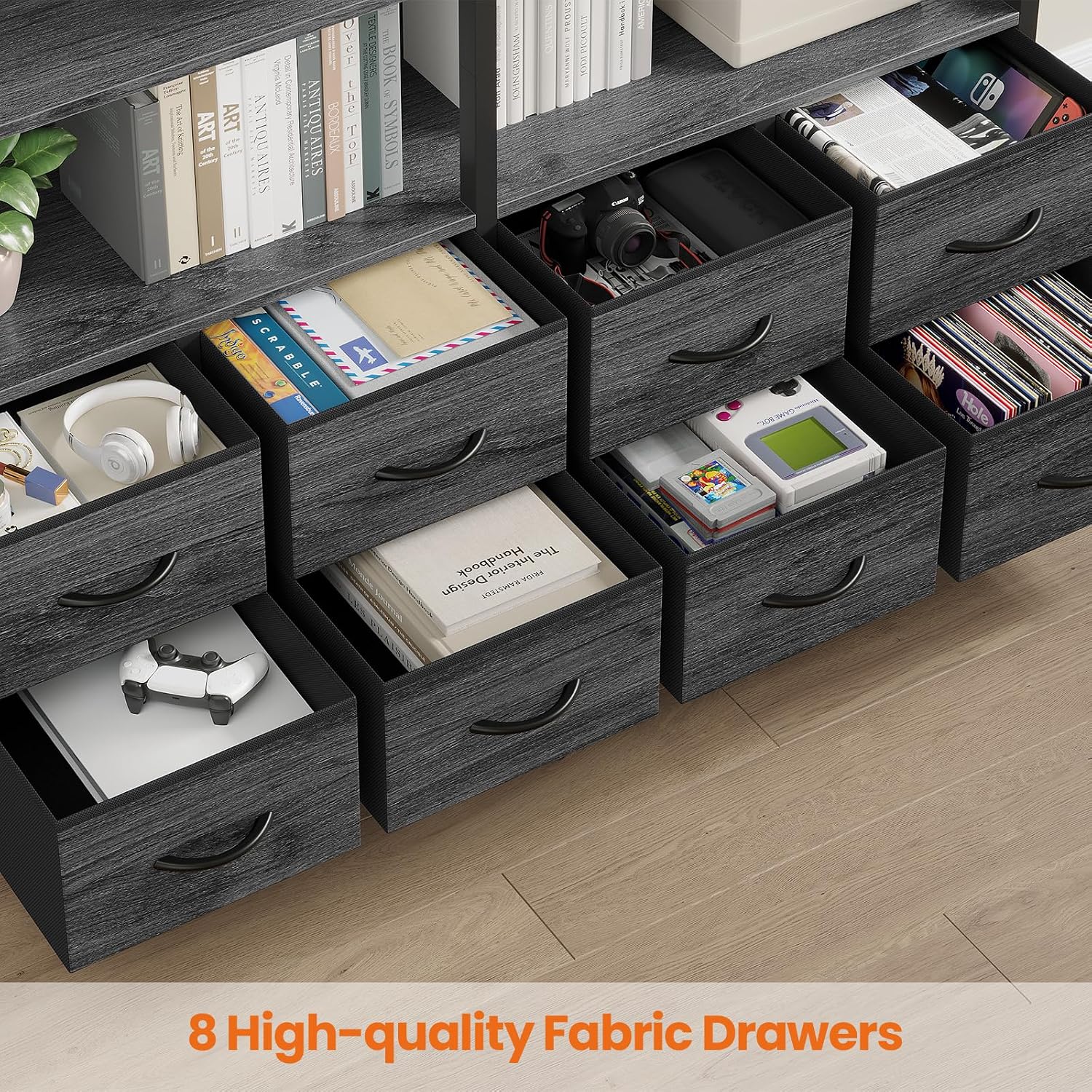 HAUOMS Bookshelf with 8 Fabric Drawers, 7-Tier Bookcase with Baffles Display Shelves, Industrial Large Book Shelf for Living Room Home Office, Grey