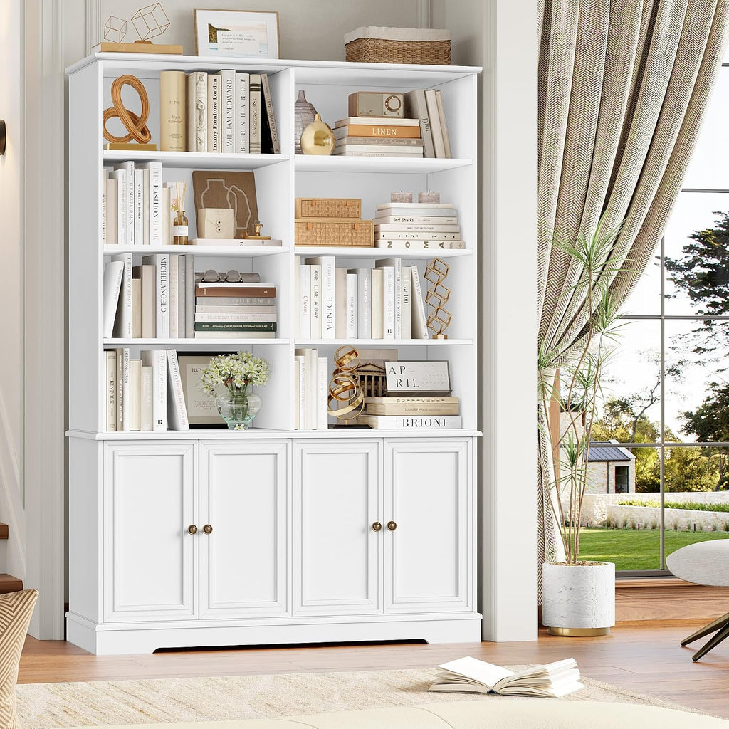 FINETONES 73' White Bookshelf with Doors, 6 Tier Tall Bookshelf Double Wide Bookcases and Bookshelves with Storage, Large Display Cabinets for Home Office,Living Room, Library