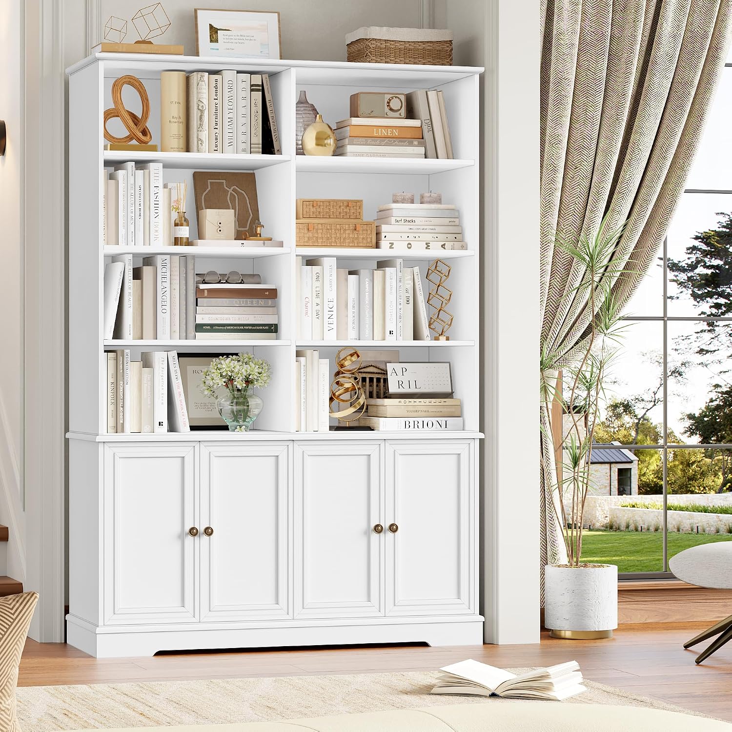 FINETONES 73' White Bookshelf with Doors, 6 Tier Tall Bookshelf Double Wide Bookcases and Bookshelves with Storage, Large Display Cabinets for Home Office,Living Room, Library