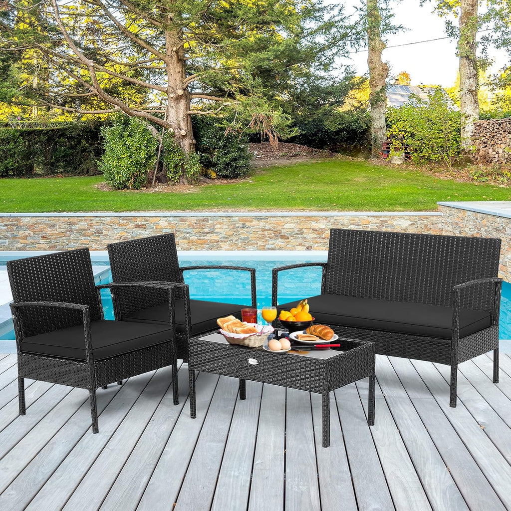 Tangkula 4 Piece Patio Rattan Conversation Set, Outdoor Wicker Furniture Set W/Glass Coffee Table, Solid Steel Structure, Ergonomic Seat, Suitable for Garden, Courtyard, Balcony, Poolside