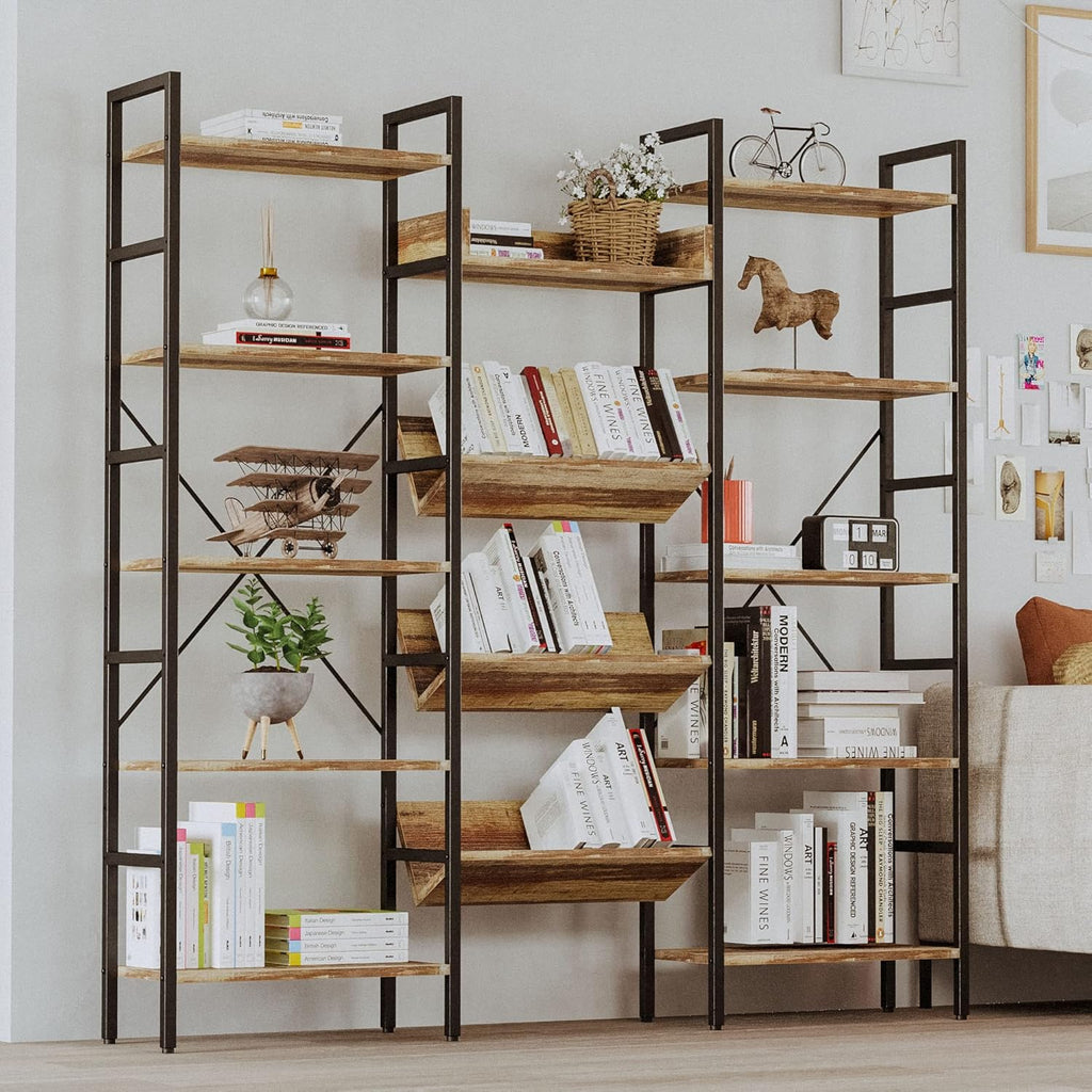 IRONCK Bookshelf, Bookshelves and Bookcases, Triple Wide 5 Tiers Book Shelf with Baffles, Industrial Bookshelf with Metal Frame for Living Room, Home Office
