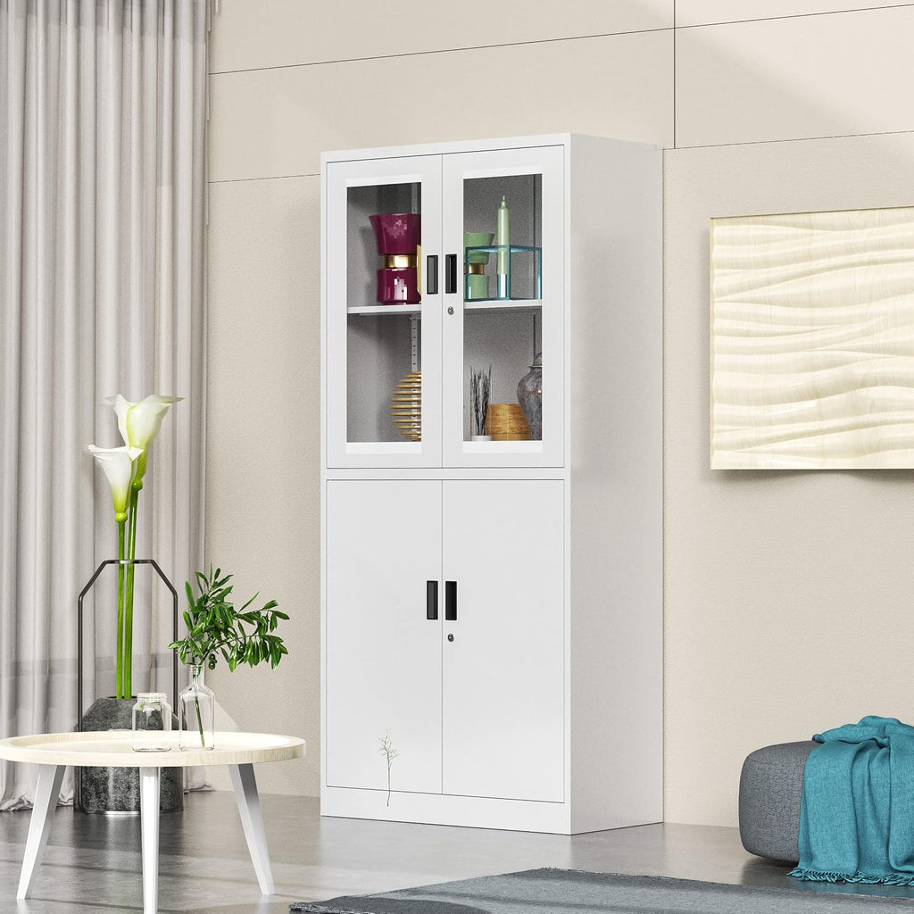4 Door Display Cabinet with Adjustable Shelves, 71' Tall Display Cabinets with Glass Door, White Metal Display case, Locking Steel Storage Caninet for Home/Office/Living Room -Assembly Required
