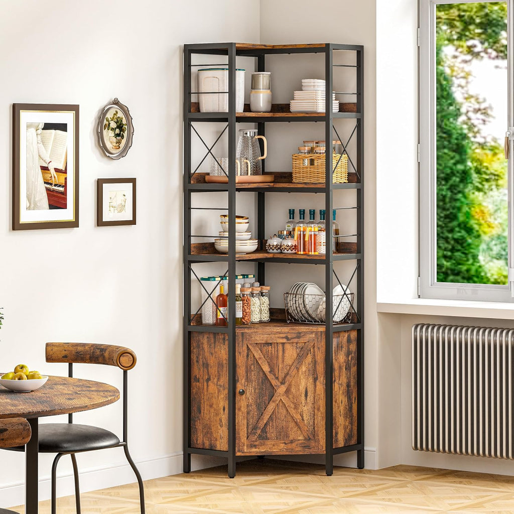 IRONCK Bookshelves 5 Tiers, Corner Bookshelf with Baffles, Bookcase and Bookshelf with Doors, Industrial Display Bookshelves for Living Room, Kitchen