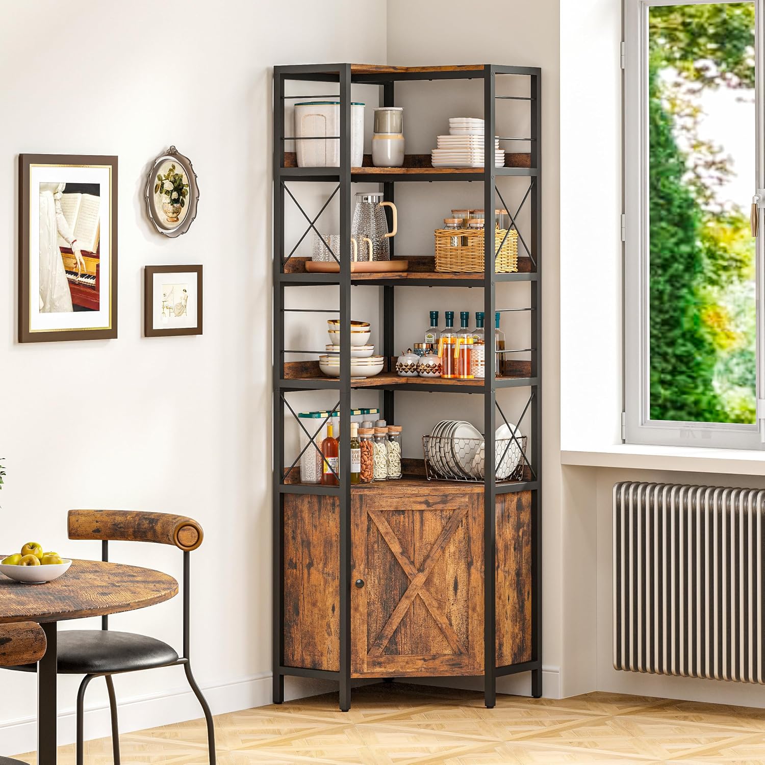 IRONCK Bookshelves 5 Tiers, Corner Bookshelf with Baffles, Bookcase and Bookshelf with Doors, Industrial Display Bookshelves for Living Room, Kitchen