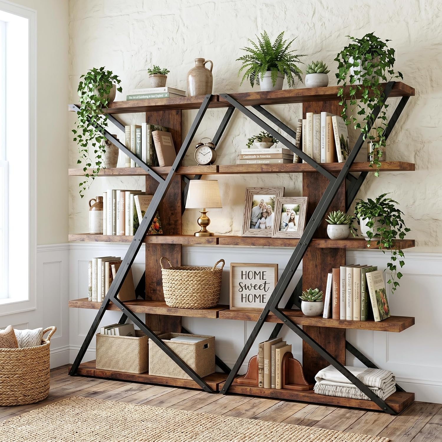 FUSUNBAO Industrial Bookshelf, Vintage 5-Tier Tall Bookcase with Wood and Metal Frame, Rustic Large Display Shelf for Home Office, 67' H x 47' L x 12' W, Rustic Brown