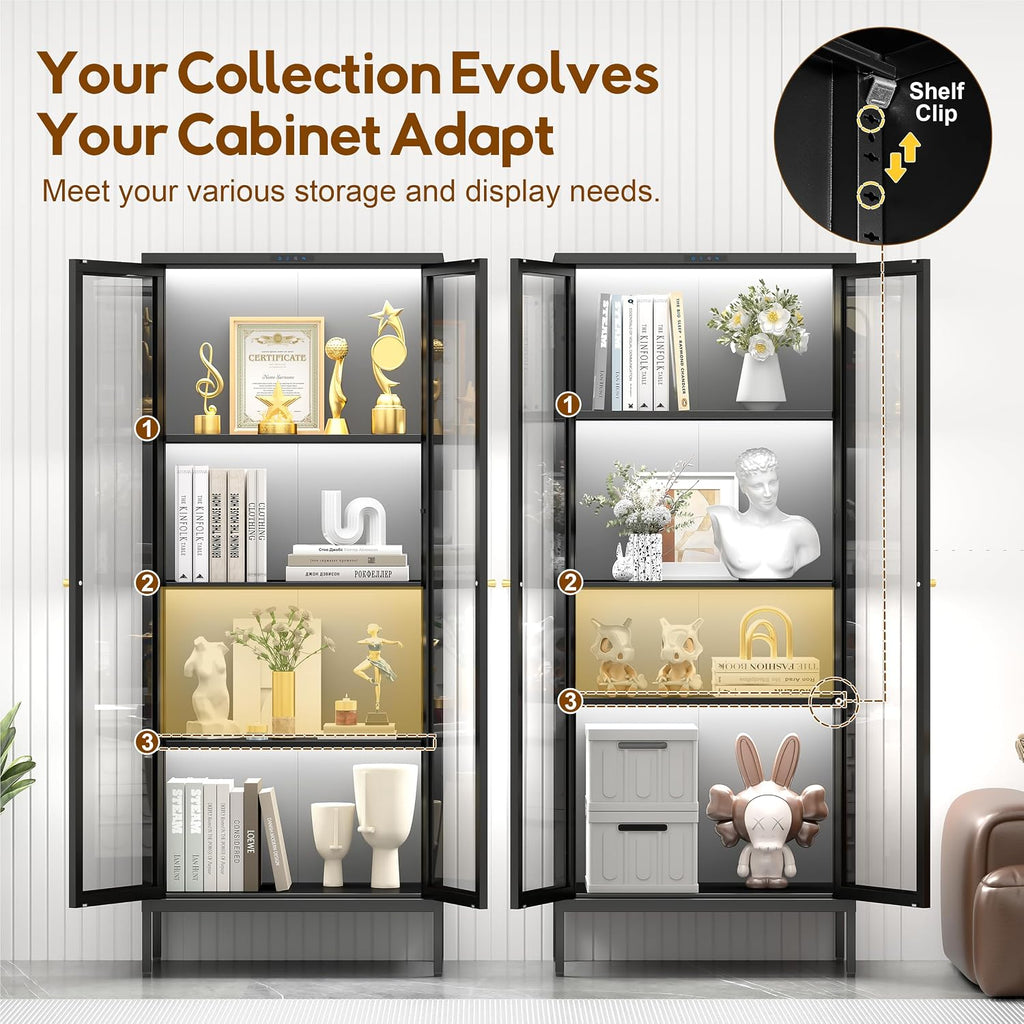 UNICOLY Display Cabinet with Glass Doors, Glass Display Cabinet with 8 Color LED Lights, Curio Display Cabinet with 3 Shelves for Living Room, Plant, Display Shelf, Assembly Required, Black