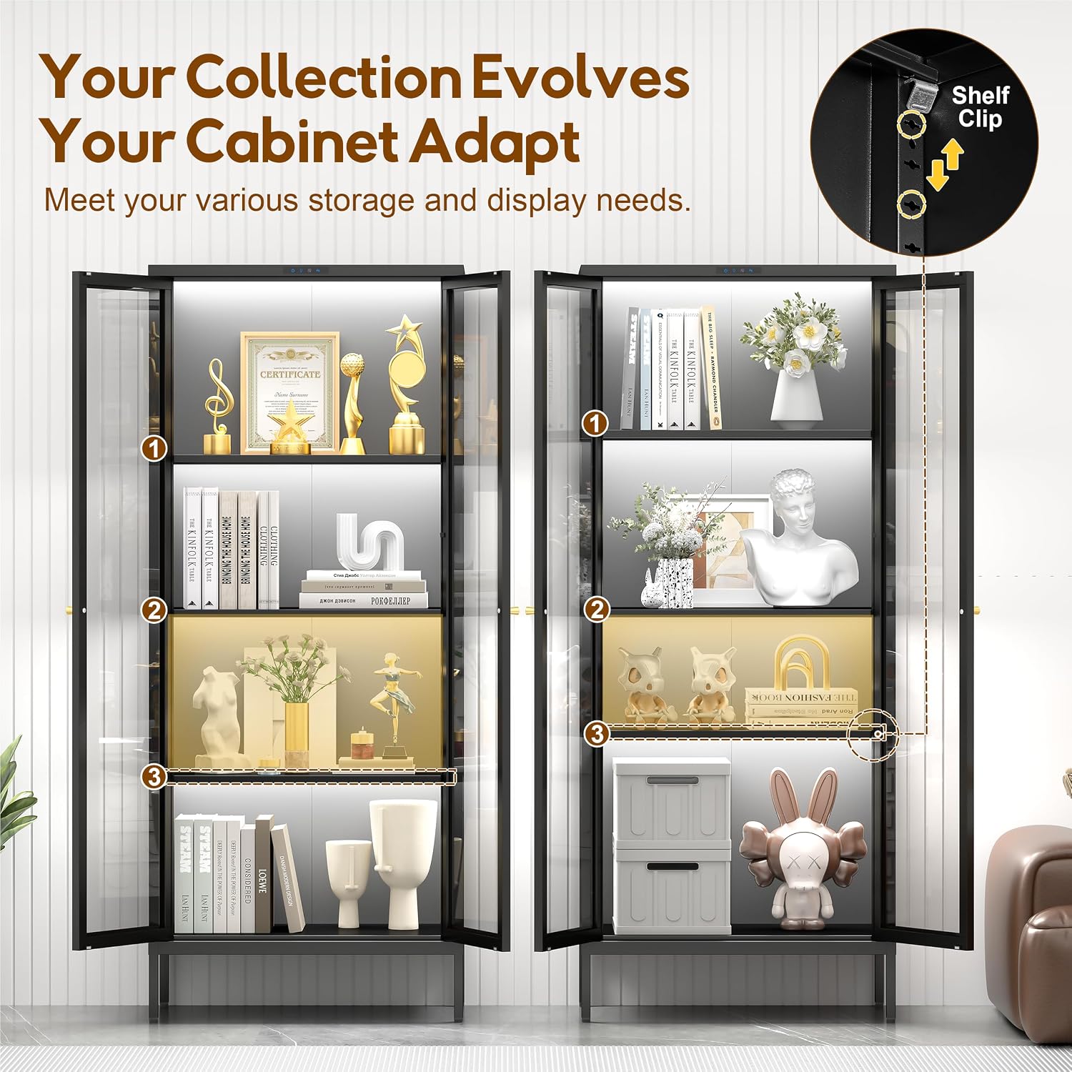 UNICOLY Display Cabinet with Glass Doors, Glass Display Cabinet with 8 Color LED Lights, Curio Display Cabinet with 3 Shelves for Living Room, Plant, Display Shelf, Assembly Required, Black