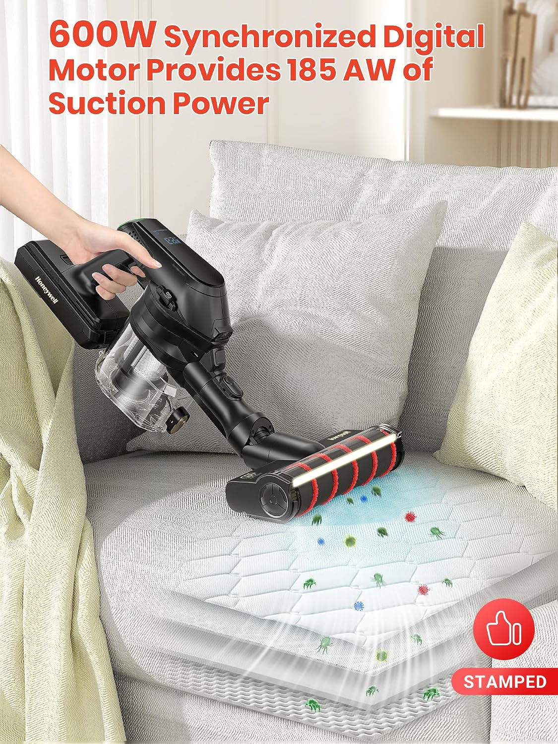 Honeywell Self-Cleaning Cordless Vacuum Cleaner, 8-in-1 Lightweight Stick Vacuum with 60Mins Runtime, Powerful Suction, Rechargeable Cordless Vacuum for Pet Hair/Carpet/Hardwood Floor, VC16