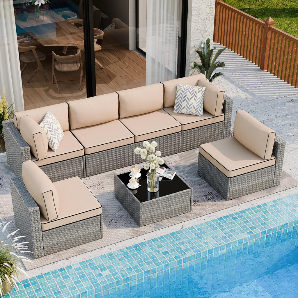 Shintenchi 7 Pieces Outdoor Patio Furniture Sets, Patio Sectional Sofa Couch, Gray PE Wicker Furniture Modular Patio Conversation Sets Patio Sofa with Washable Cushions, Gray/Khaki