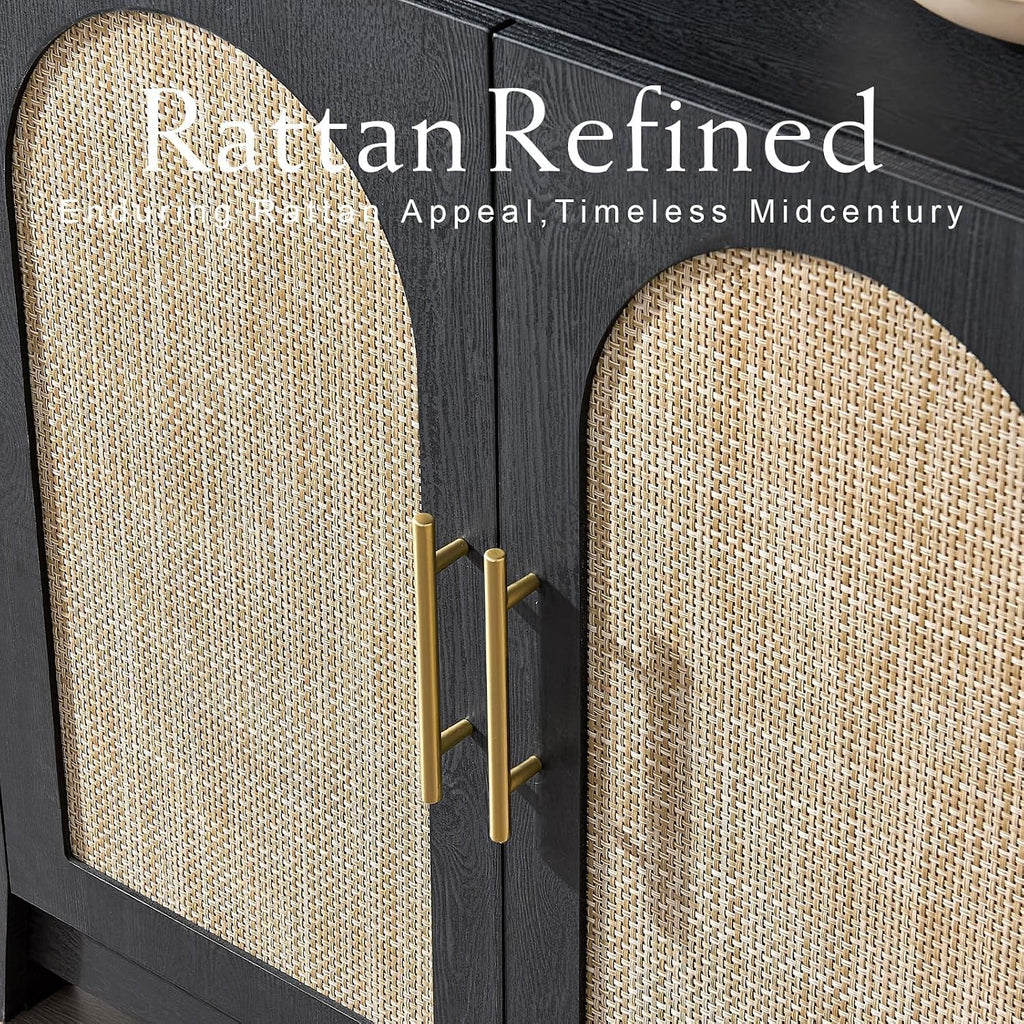 RowyPoey Rattan Arched Cabinet Bookshelf - 69.3' Tall Mid Century Display Cabinet, Rounded Bookcase with Rattan Doors, Open Shelf Storage for Dining Room (Black, 2 PCS)