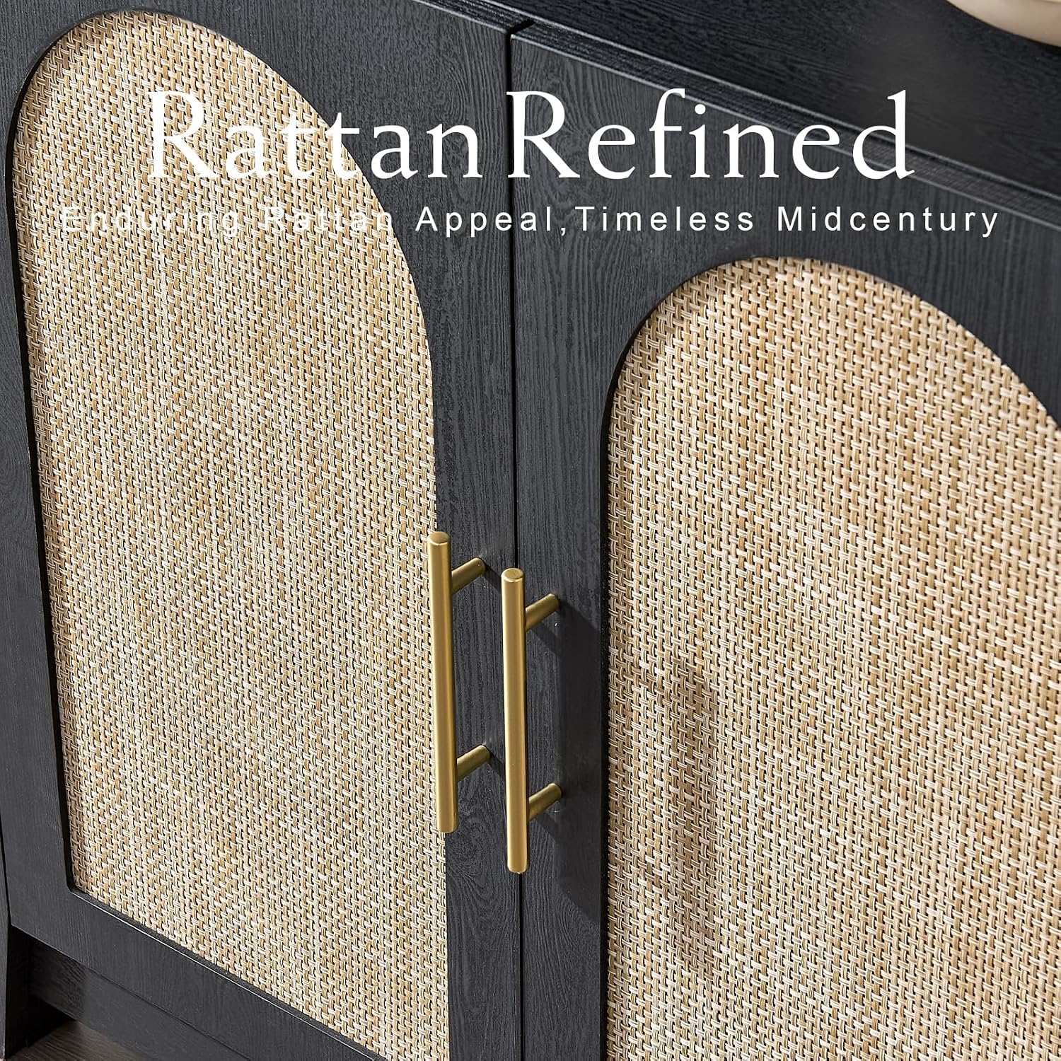 RowyPoey Rattan Arched Cabinet Bookshelf - 69.3' Tall Mid Century Display Cabinet, Rounded Bookcase with Rattan Doors, Open Shelf Storage for Dining Room (Black, 2 PCS)