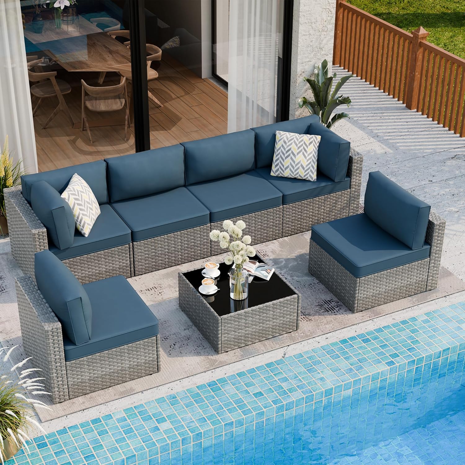 Shintenchi 7 Pieces Outdoor Patio Furniture Sets, Patio Sectional Sofa Couch, Gray PE Wicker Furniture Modular Patio Conversation Sets Patio Sofa with Washable Cushions, Aegean Blue