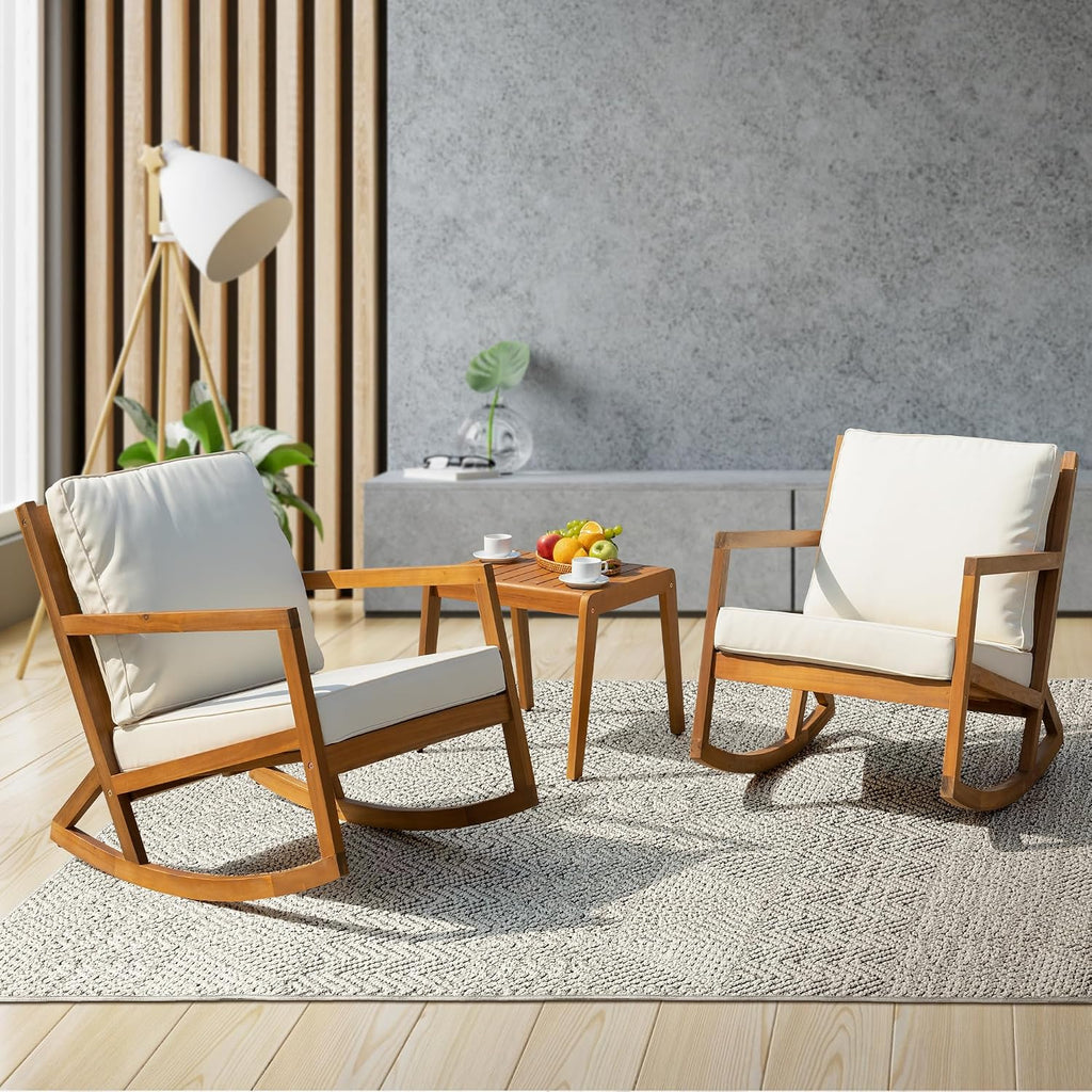IDZO Rocking Chairs Design Heavy Duty 400lbs Capacity Wood Patio Bistro Set 3 Piece Outdoor
