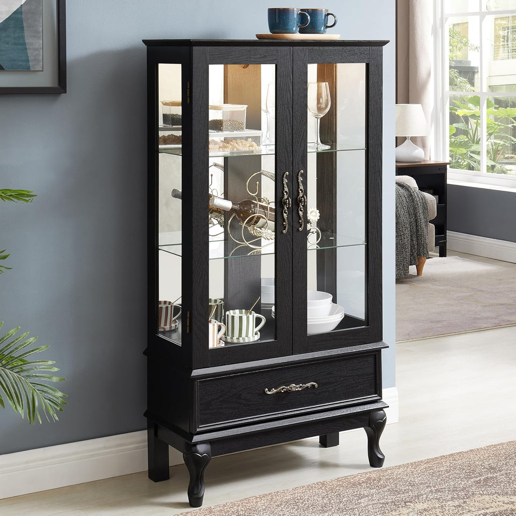 51' H Lighted Glass Curio Display Cabinet with 2 Doors & 1 Drawer, Wooden Glass Curio Showcase w/Adjustable Shelves & Mirrored Back Panel, Storage Cabinet Display Case for Living Room (Black)