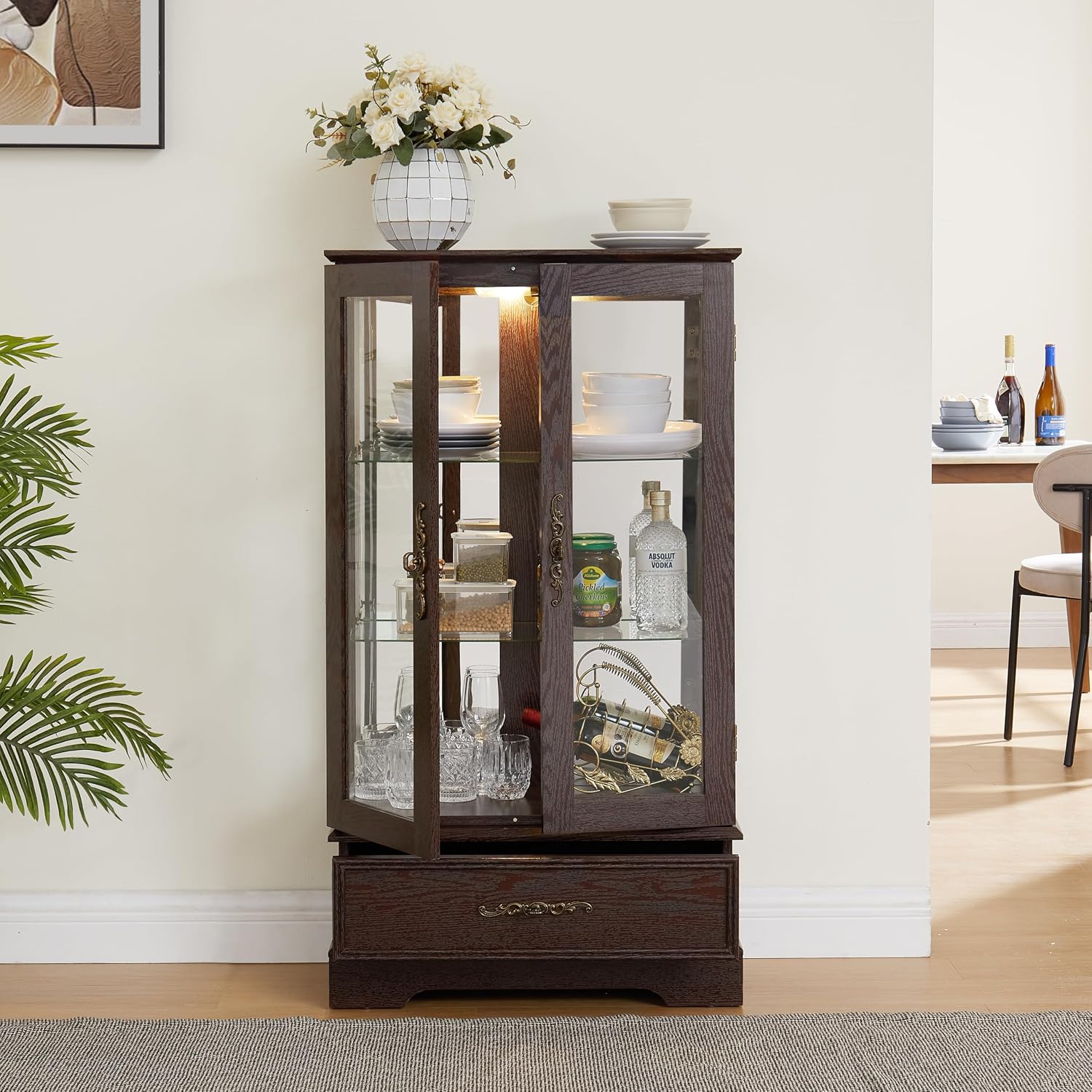 47' H Lighted Curio Cabinet Display Case, Glass Case with Adjustable Shelves,Tempered Glass Door and Drawer, Wooden Curio Cabinet with Mirrored Back Pane for Living Room (Dark Cherry)
