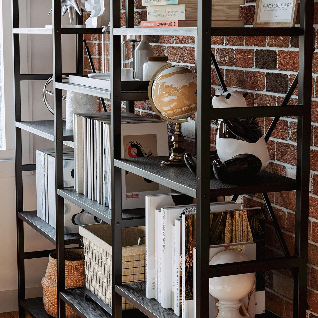 IRONCK Bookcases and Bookshelves Triple Wide 5 Tiers Industrial Bookshelf, Large Etagere Bookshelf Open Display Shelves with Metal Frame for Living Room Bedroom Home Office