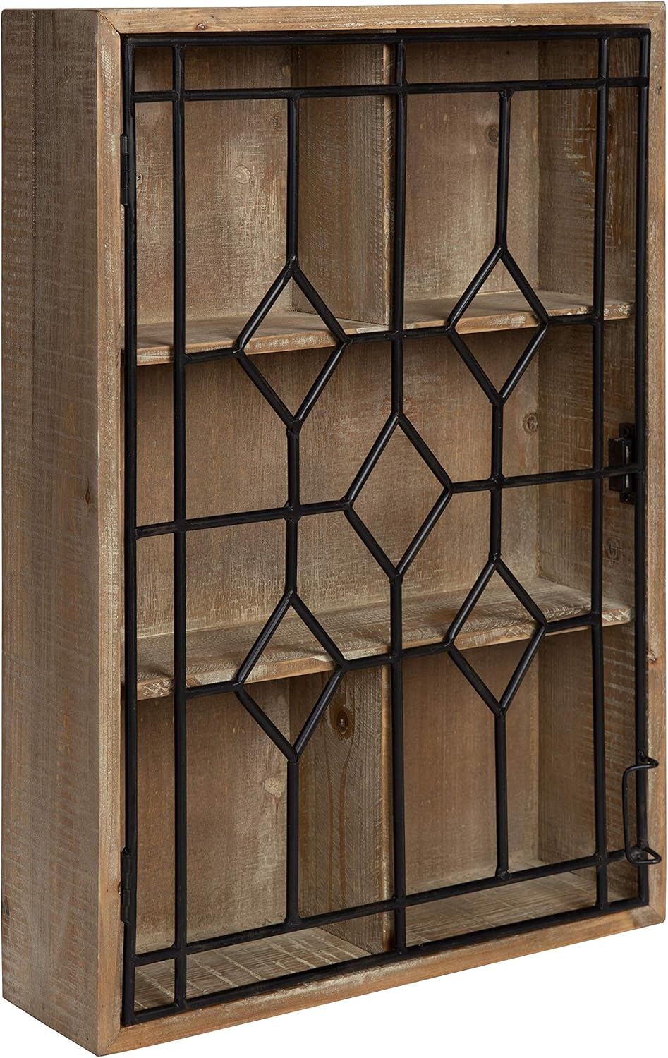 Kate and Laurel Megara Decorative Wooden Wall Hanging Curio Cabinet for Open Storage with Decorative Black Iron Door, Rustic Brown