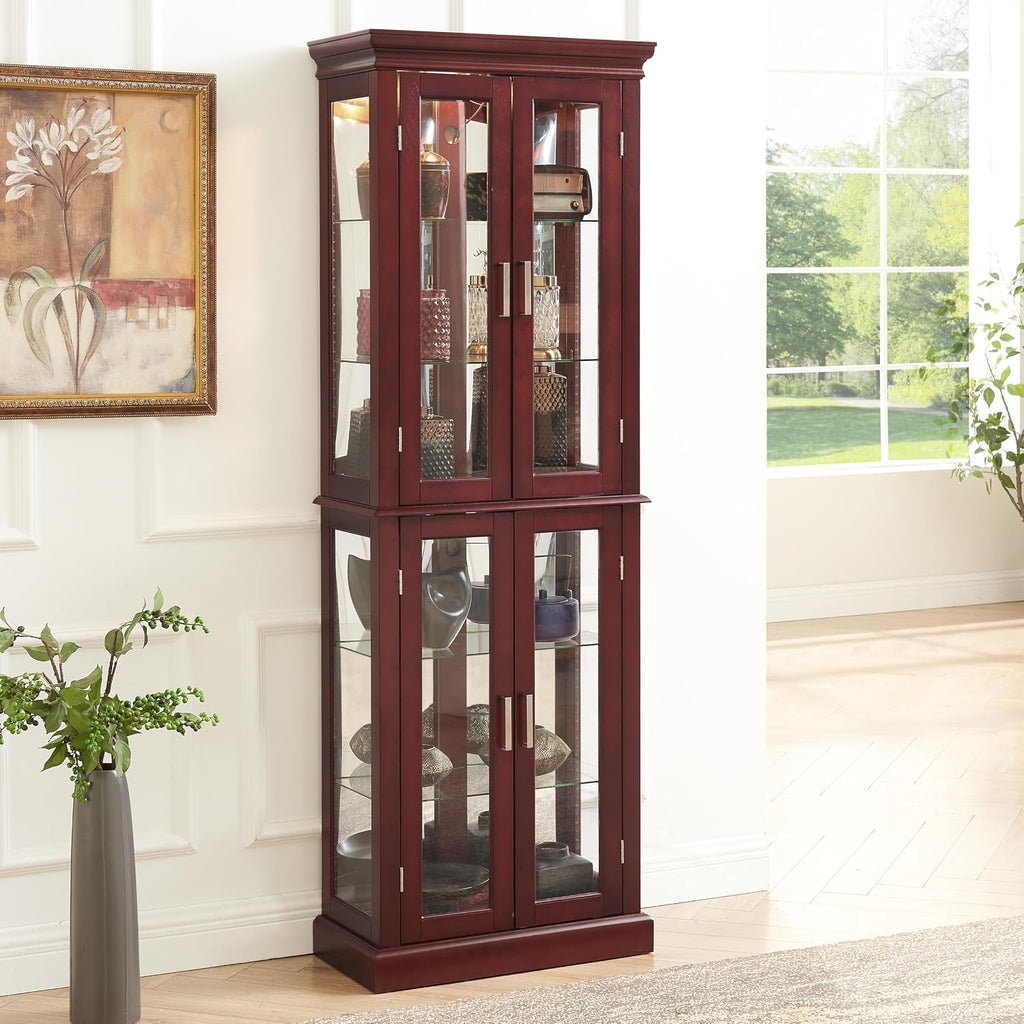 Lighted Wooden Display Curio Cabinet,Cabinet with Tempered Glass Door & 6 Shelves,Vintage 3 Side Glass Display Curio Cabinet,Bar and Liquor Storage Area,Glass Bookshelf,E26 light bulb Unincluded