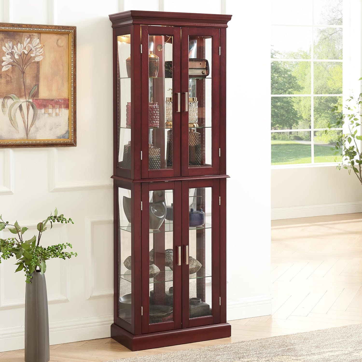 Lighted Wooden Display Curio Cabinet,Cabinet with Tempered Glass Door & 6 Shelves,Vintage 3 Side Glass Display Curio Cabinet,Bar and Liquor Storage Area,Glass Bookshelf,E26 light bulb Unincluded
